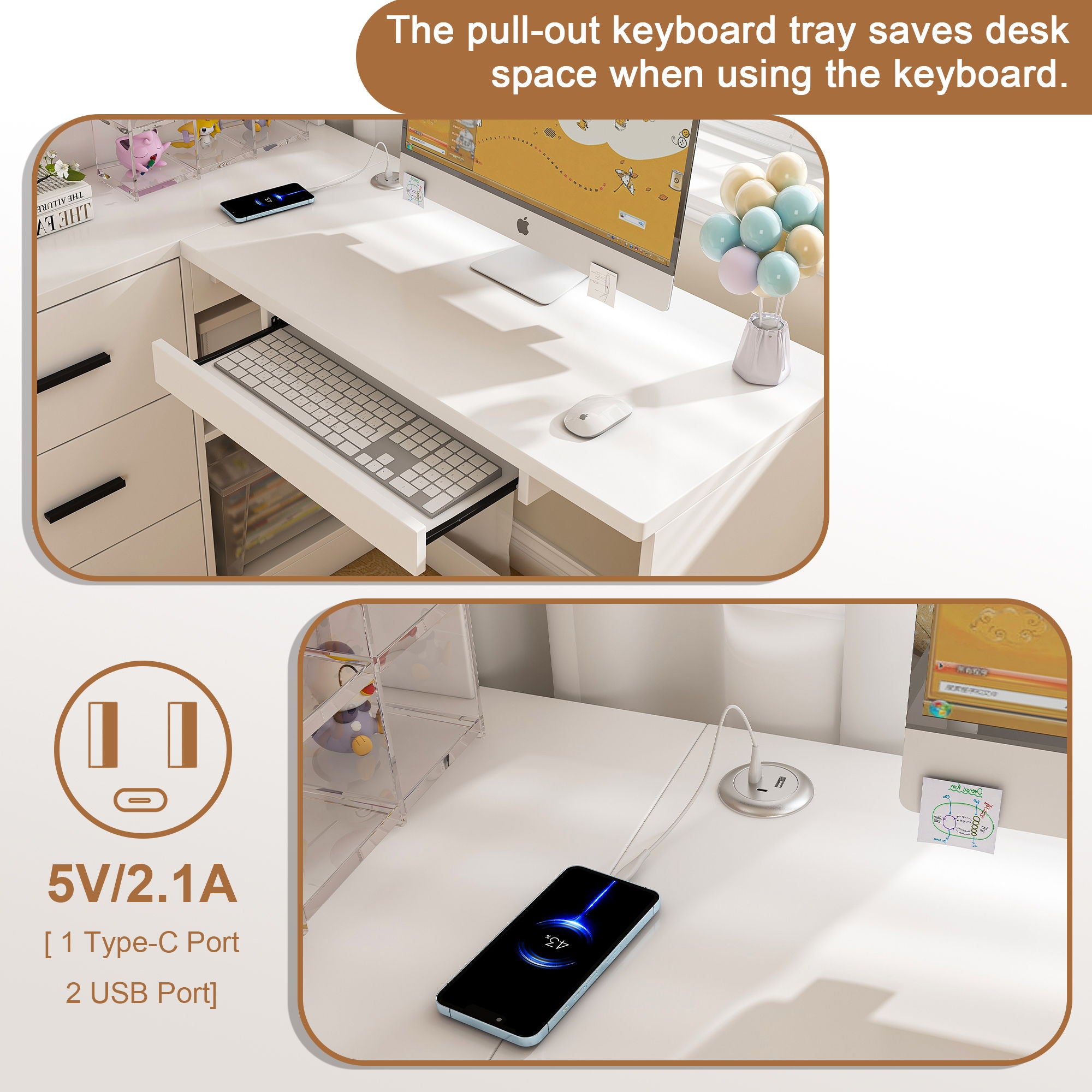 L-Shaped Computer Desk With Glass Cabinets, Built In LED Lights, USB Charging Ports