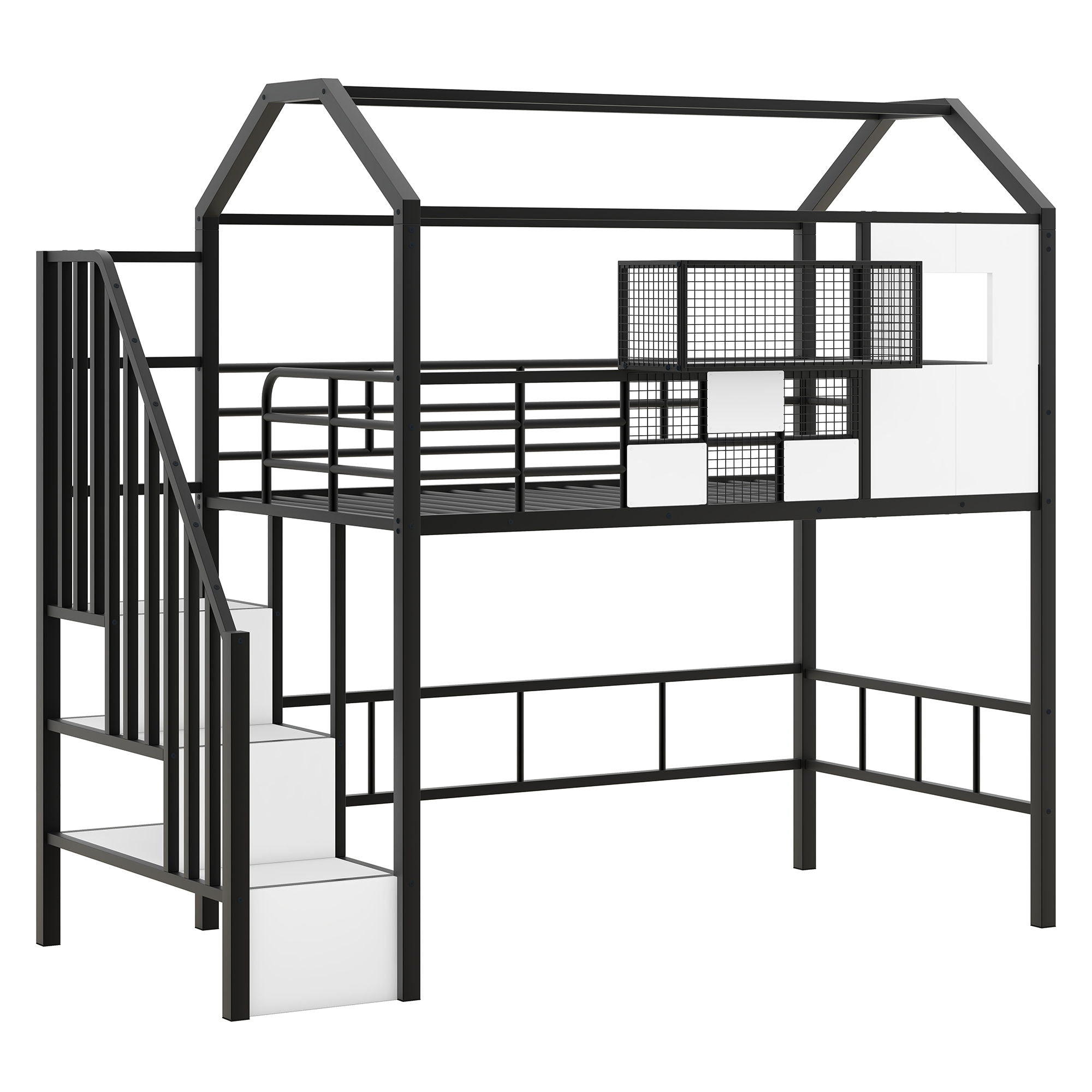 Metal Loft Bed With Roof Design And Storage Box With Guardrails And Integrated Ladder
