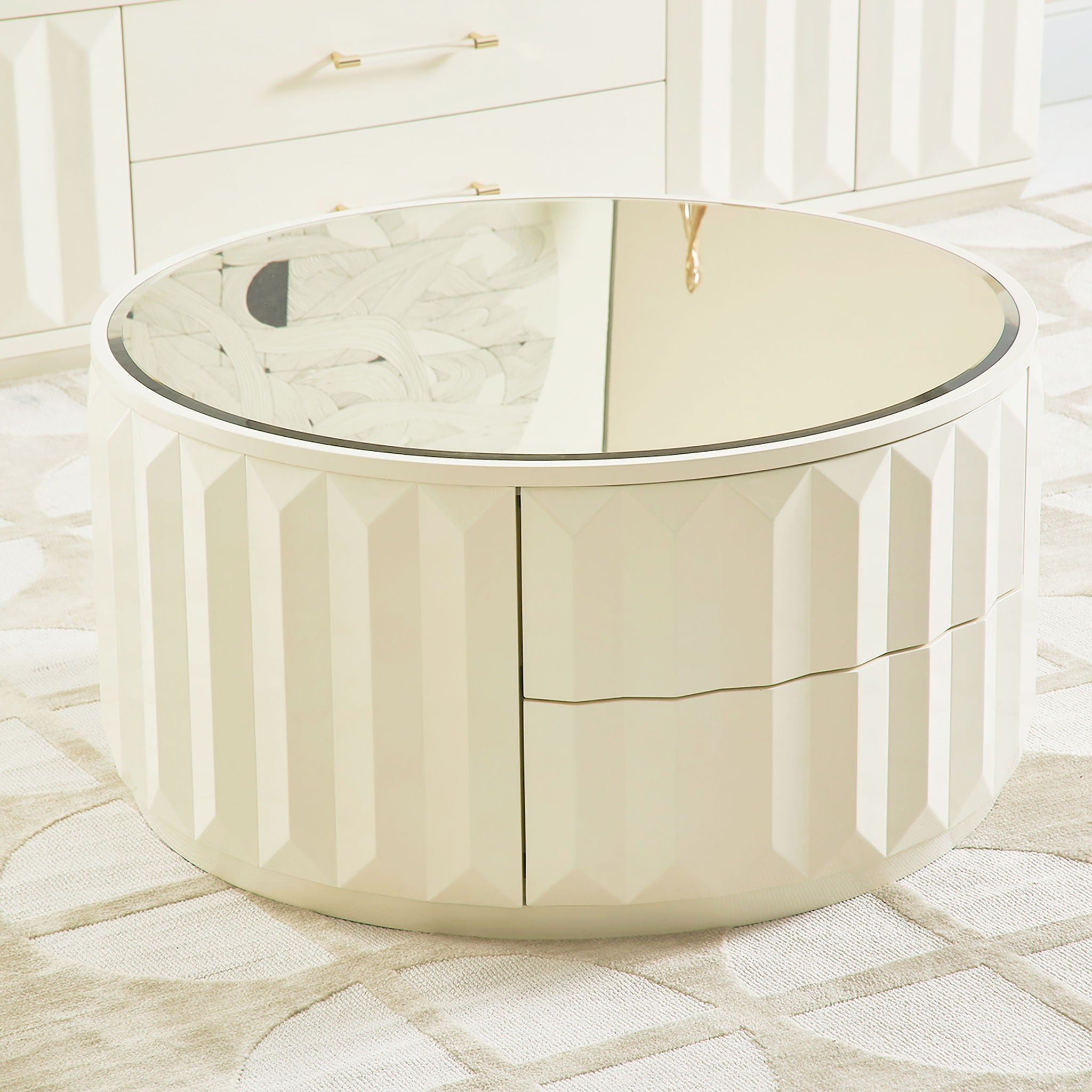 Facino - Round Storage Coffee Table - White Birch