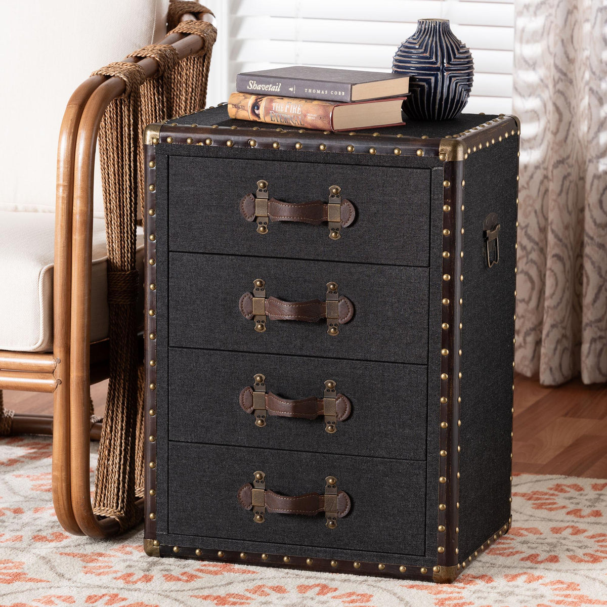 Jaelyn Vintage Black Canvas 4-Drawer End Table