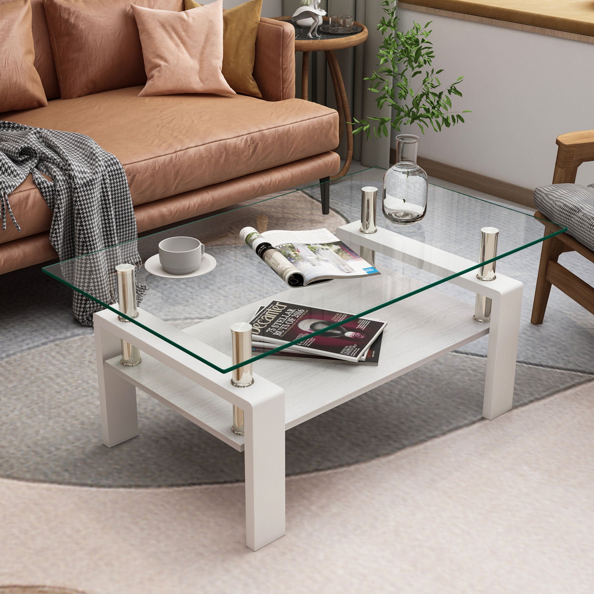 Modern Rectangular Coffee Table With Tempered Transparent Glass Top And Storage Shelf