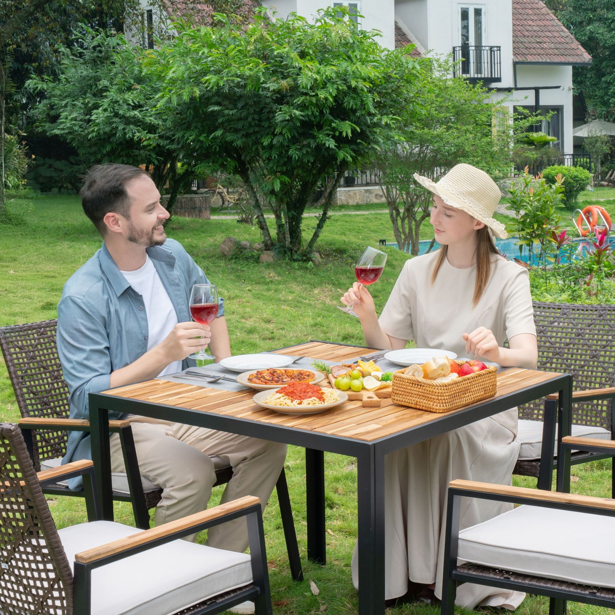 5 Piece Patio Dining Table Set, Acacia Wood Table Top With Umbrella Hole