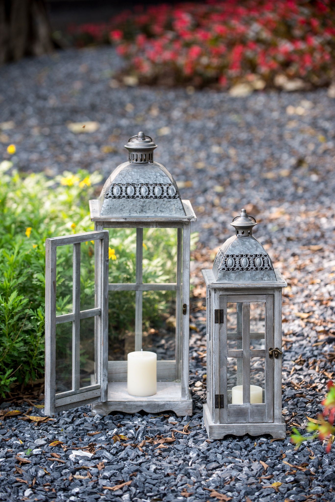 Wooden Candle Lantern Decorative, Hurricane Lantern Holder Decor For Indoor Outdoor, Home Garden Wedding - Gray