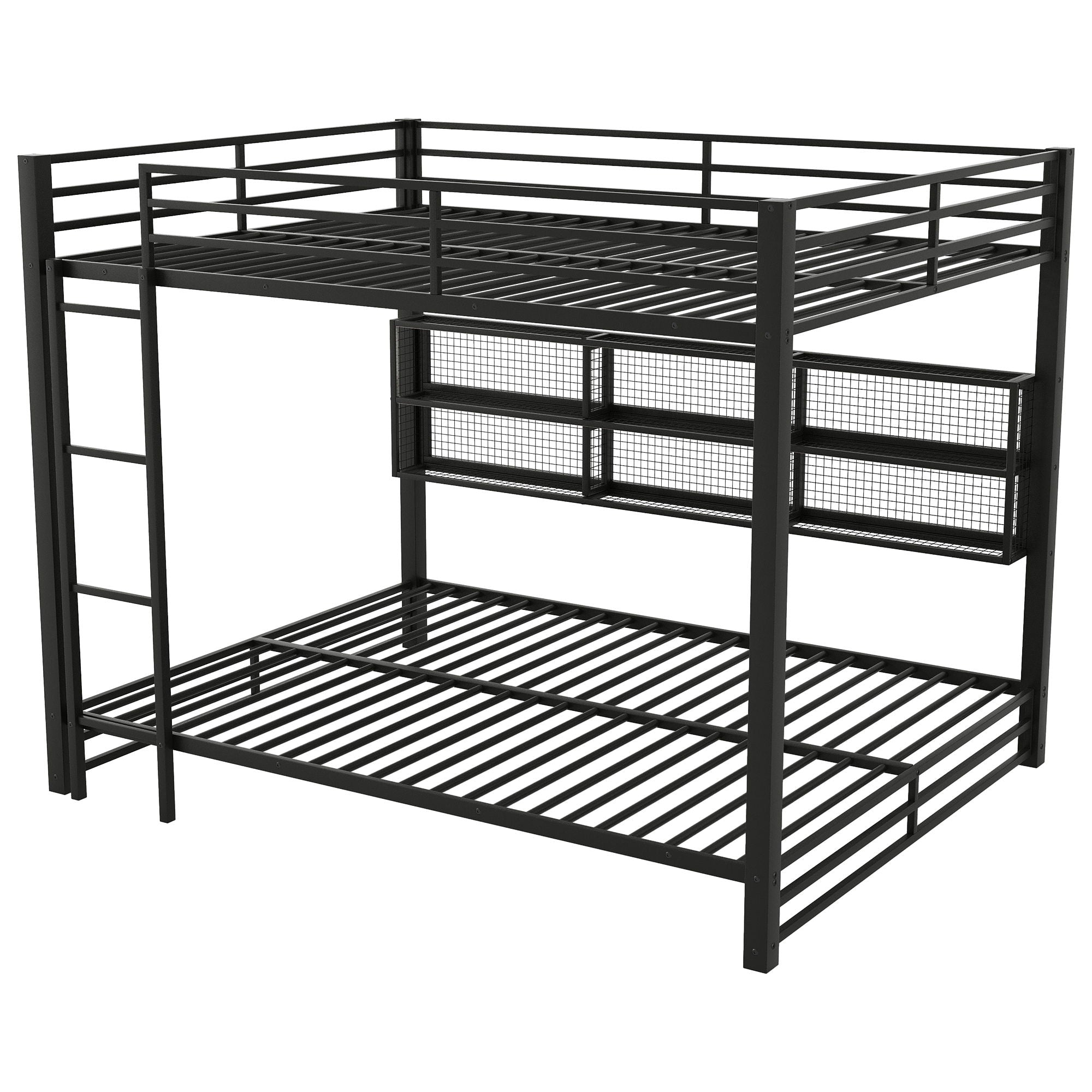 Queen Over Queen Bunk Bed With Storage Cabinets And LED Sturdy Frame, 6 Storage Units, Adjustable LED Lights - Black