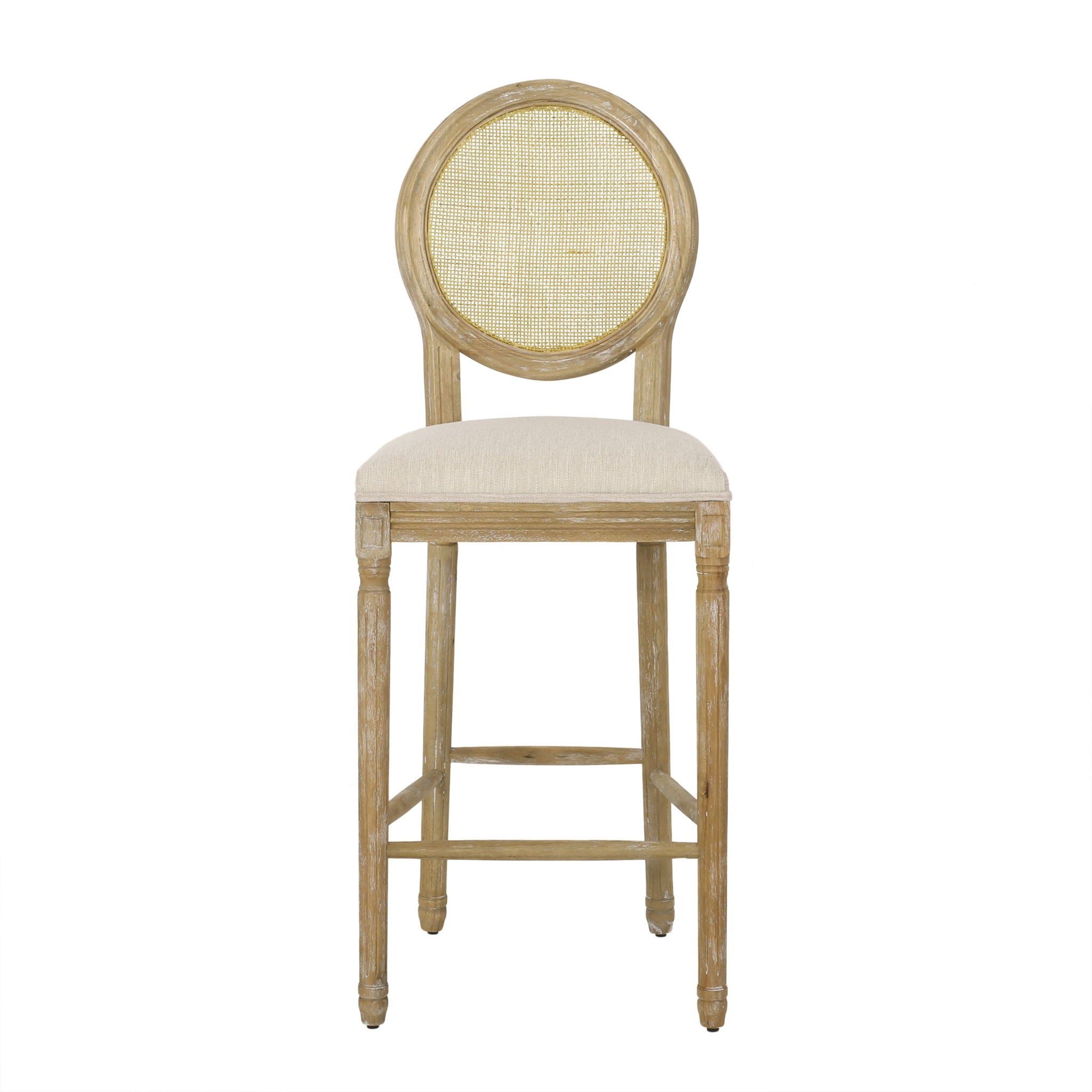 Country Chic Bar Stools (Set of 2) With Rattan Backrest And Upholstered Seat - Beige / Natural