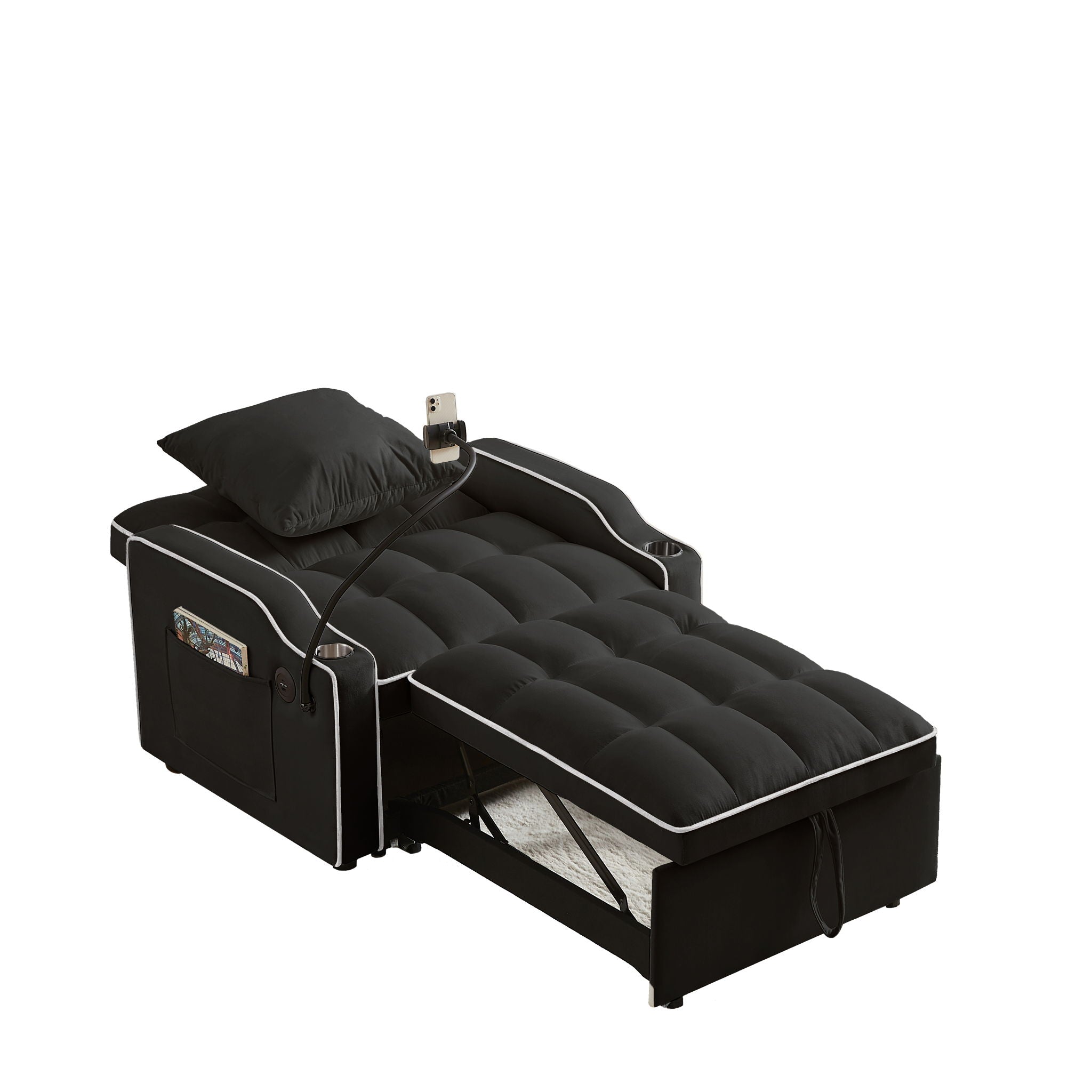 Convertible 3 In 1 Sofa Bed With Adjustable Sleeper Chair And Multi Pockets - Black