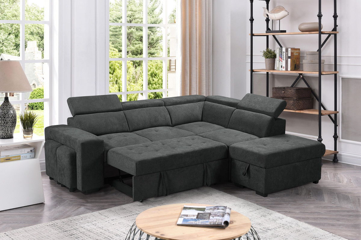 Henrik 97"W Dark Gray Sleeper Sectional Sofa with Storage Ottoman and 2 Stools