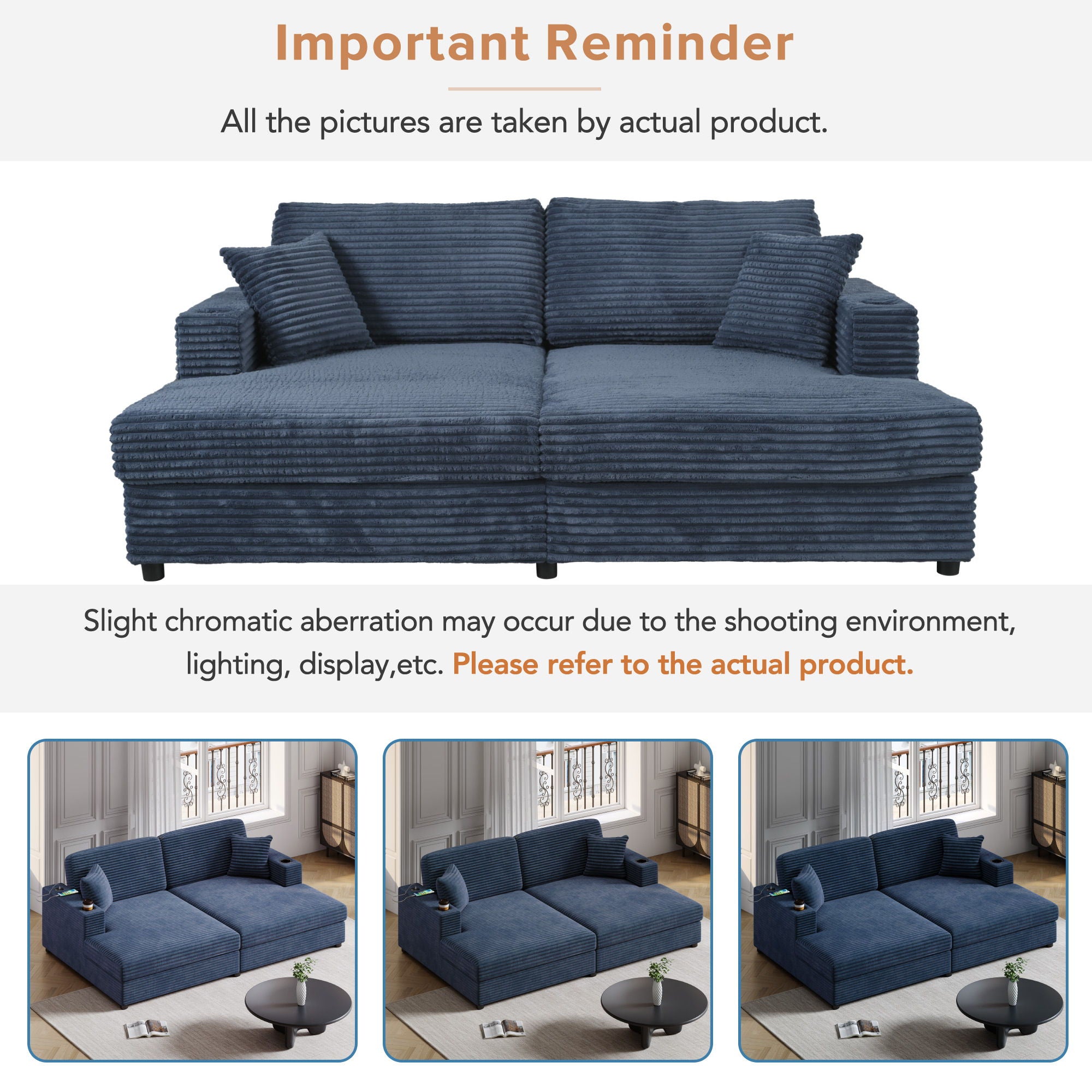 Oversized Loveseat Chaise With 2 USB Ports, 2 Cup Holders And 2 Throw Pillows