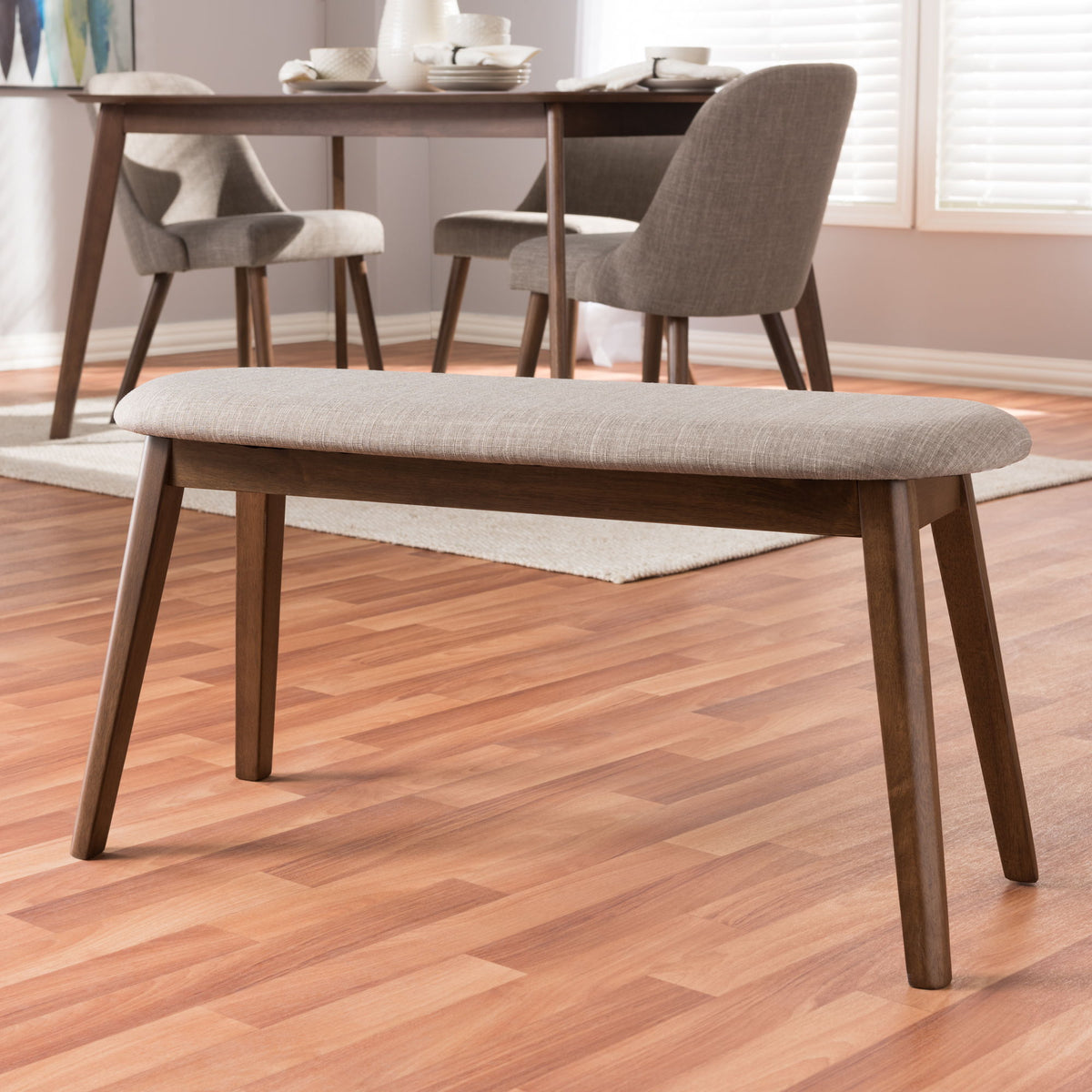 Easton Mid-Century Modern Light Grey Fabric Upholstered Walnut Finished Wood Bench