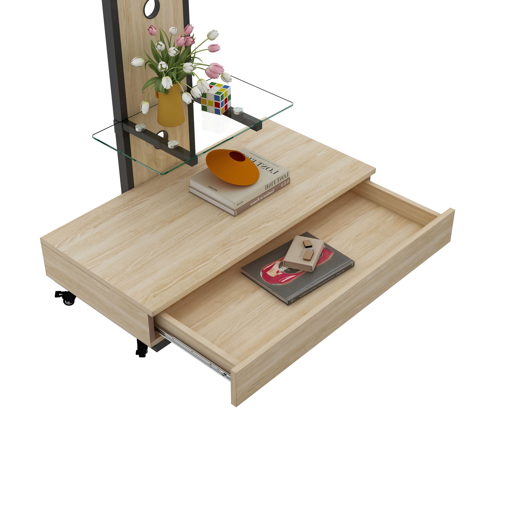 Mobile TV Cart With Push Pull Drawer, Lockable Wheels