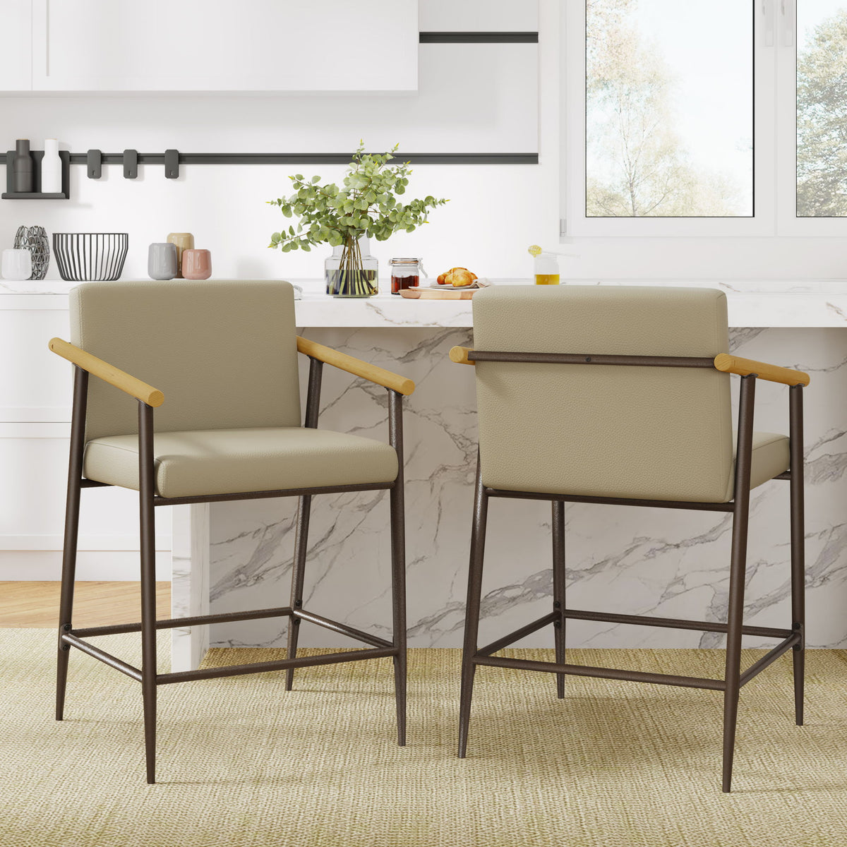 Counter Stool Set With Espresso Metal Frame - Khaki