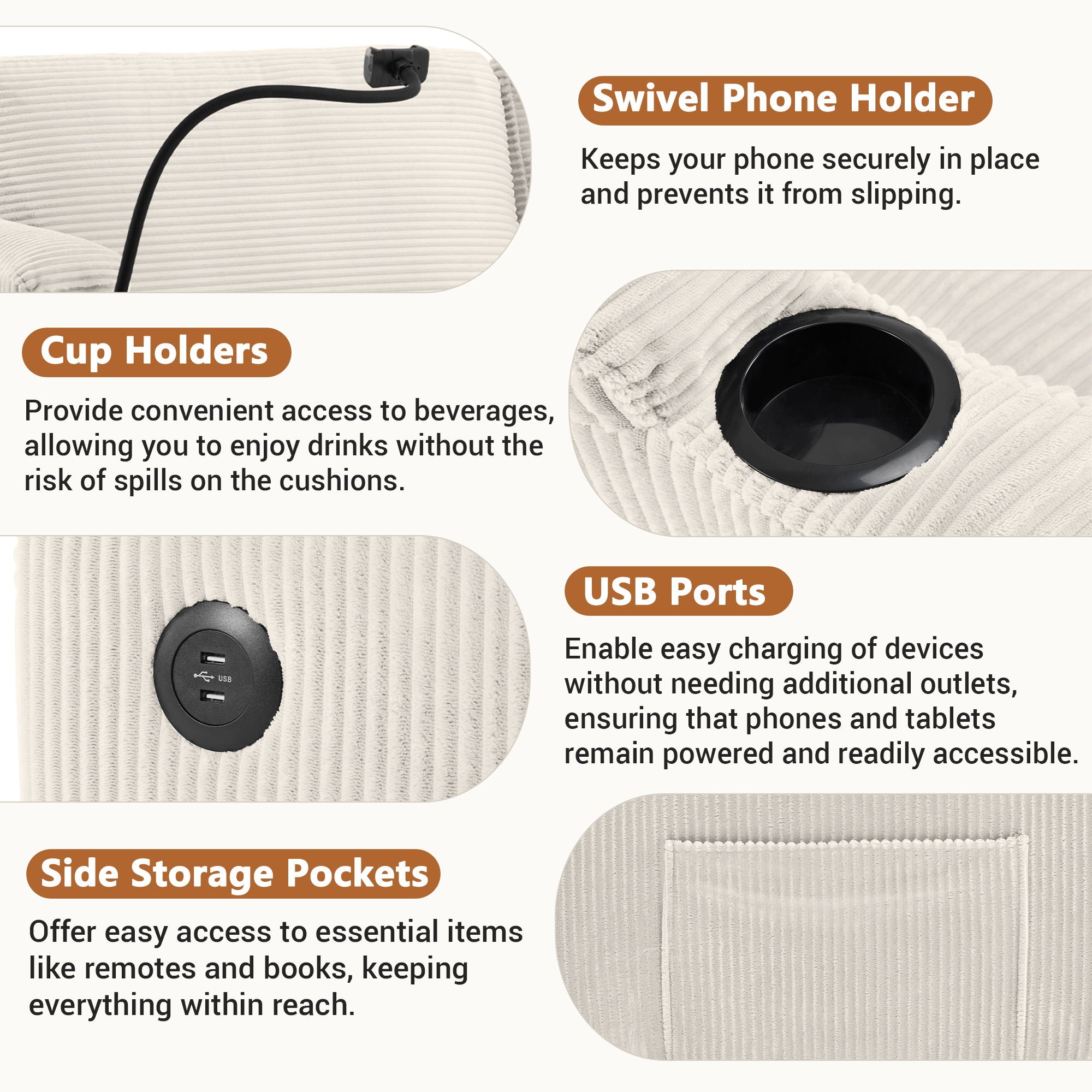 Corduroy Sleeper Sofa Loveseat Sofa With Full Size Mattress, 2 USB Ports, 2 Cup Holders, 2 Side Pockets And Phone Holder