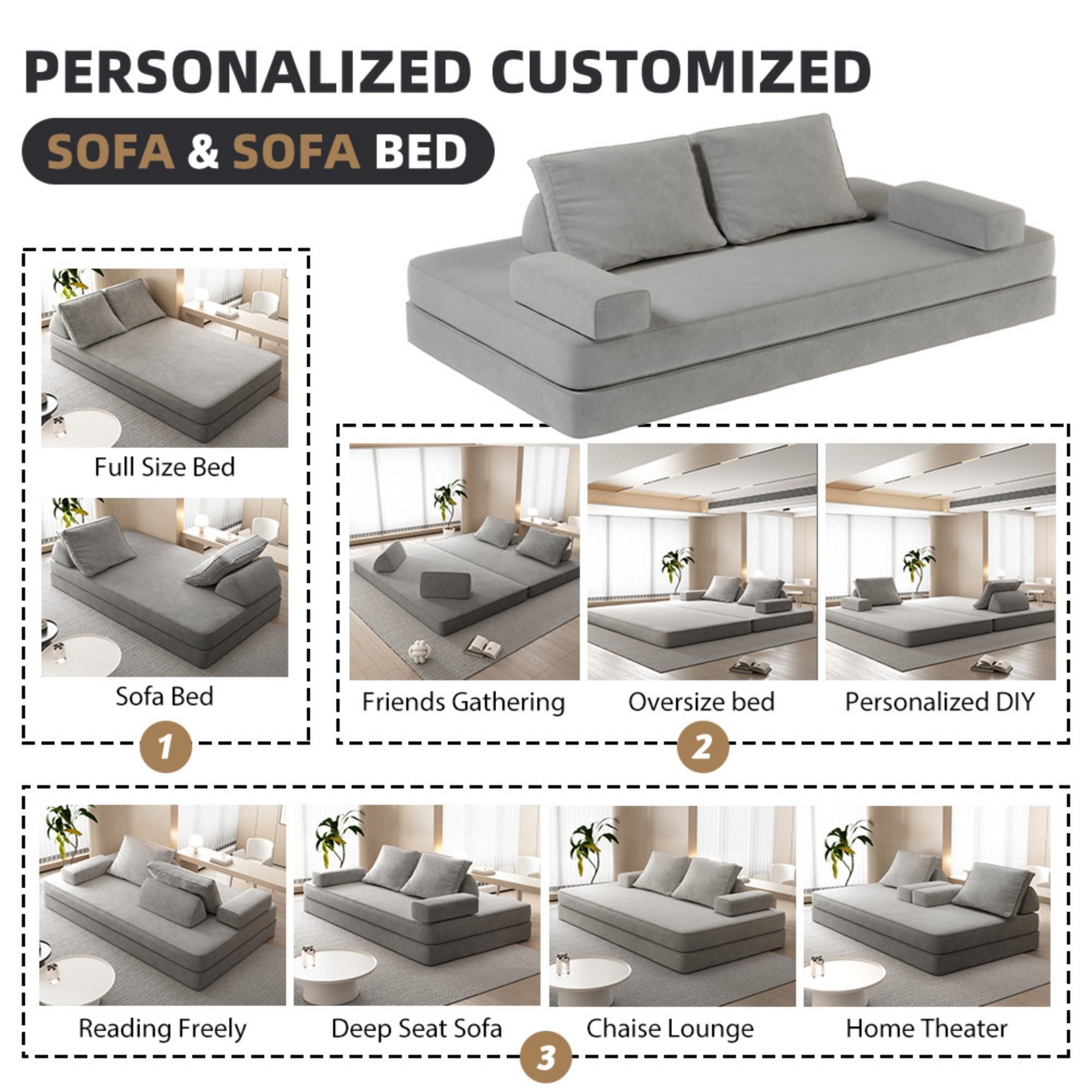 Multifunctional Convertible Sofa Bed With 2 Tumbler Backrests And 2 Pillows, Deep Seat Couch