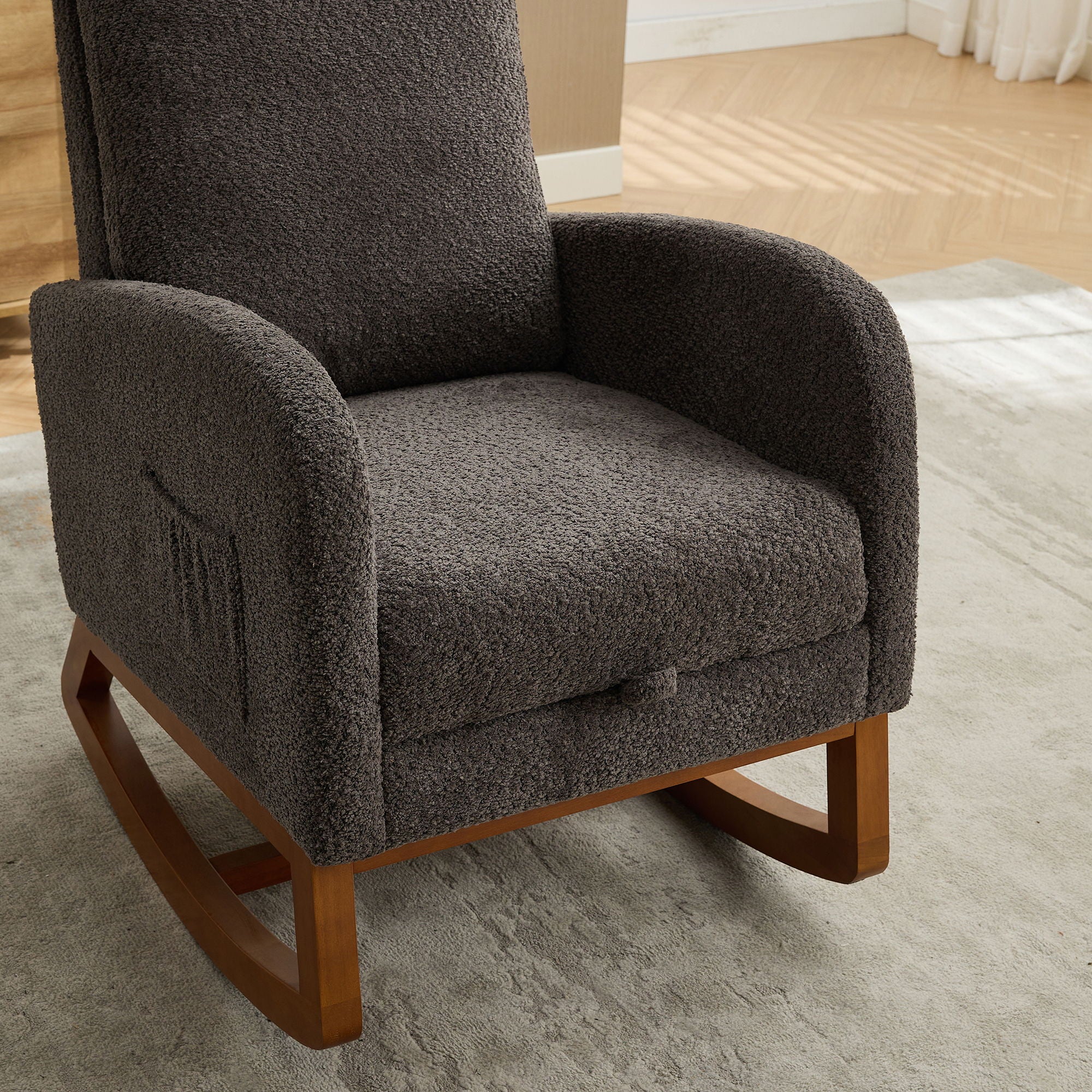 Rocking High Back Glider Chair With Retractable Footrest, Side Pocket