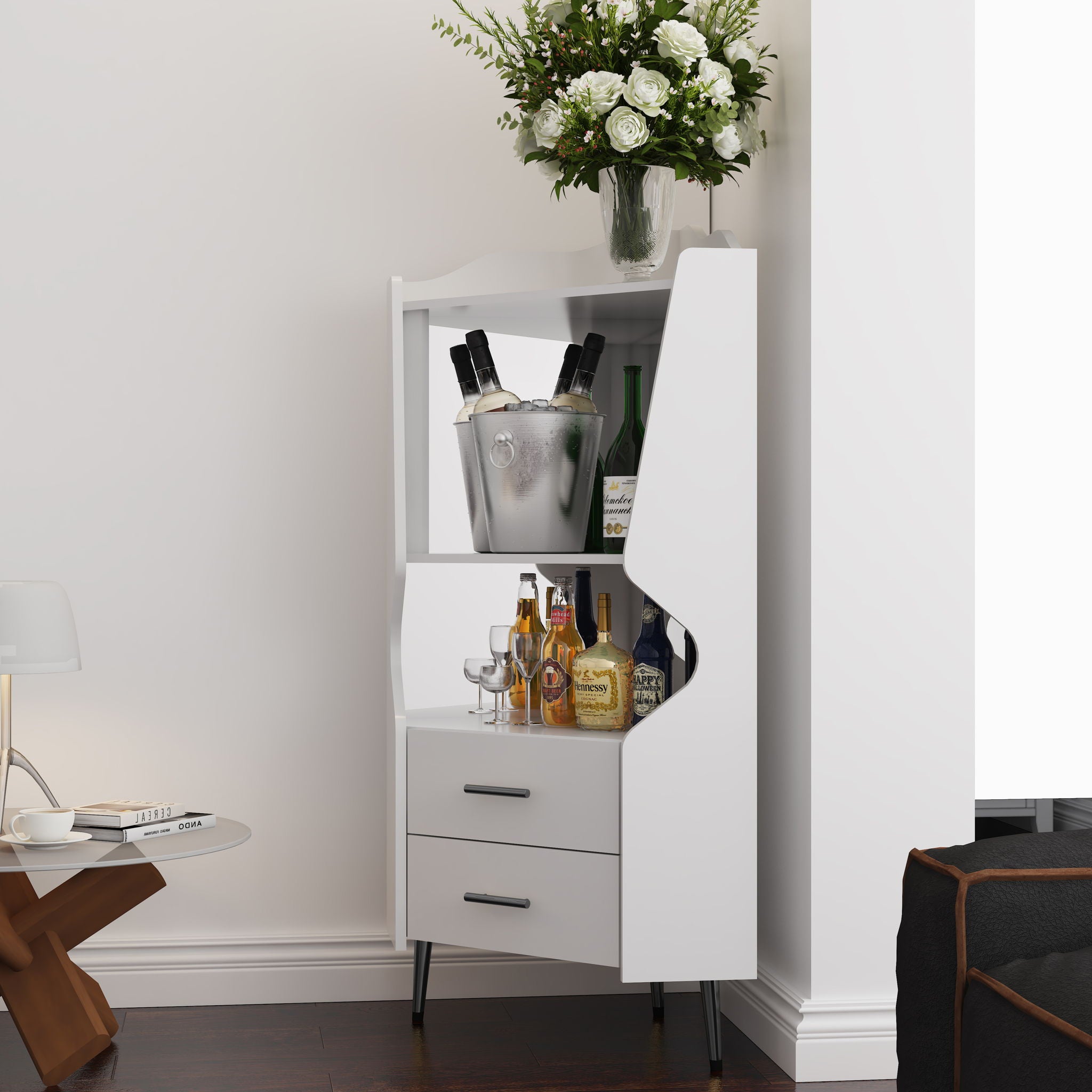 Corner Bar Cabinet With Mirrored Back, 2 Open Shelves & 2 Drawers, High Legs For Easy Cleaning