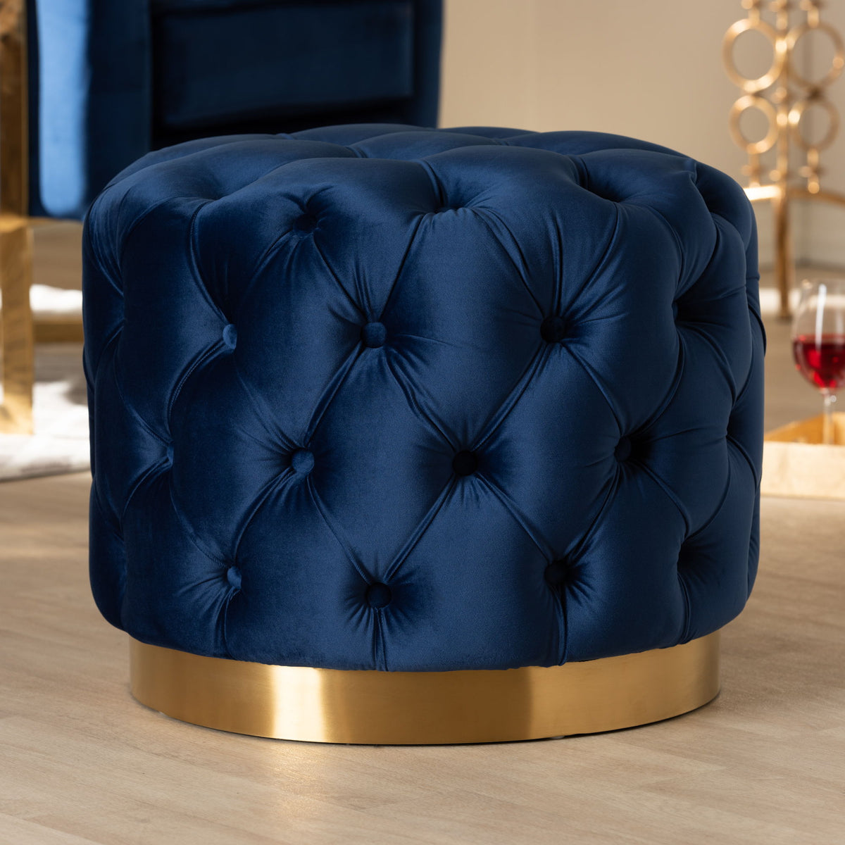 Valeria Glam Royal Blue Velvet Fabric Upholstered Gold-Finished Button Tufted Ottoman