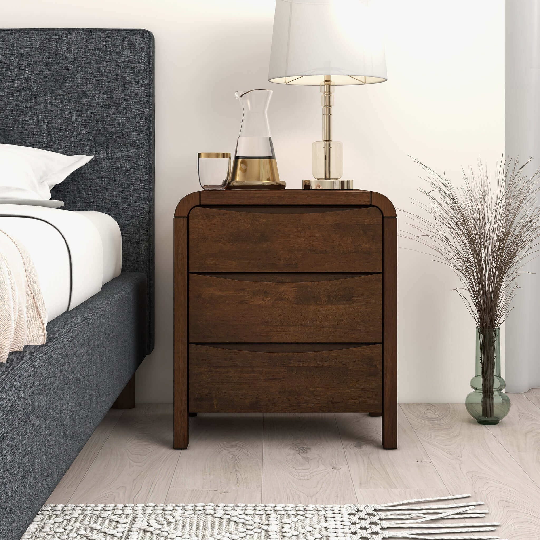 Lionel - Mid-Century Modern Nightstand 3 Drawer Bed Side Table - Brown
