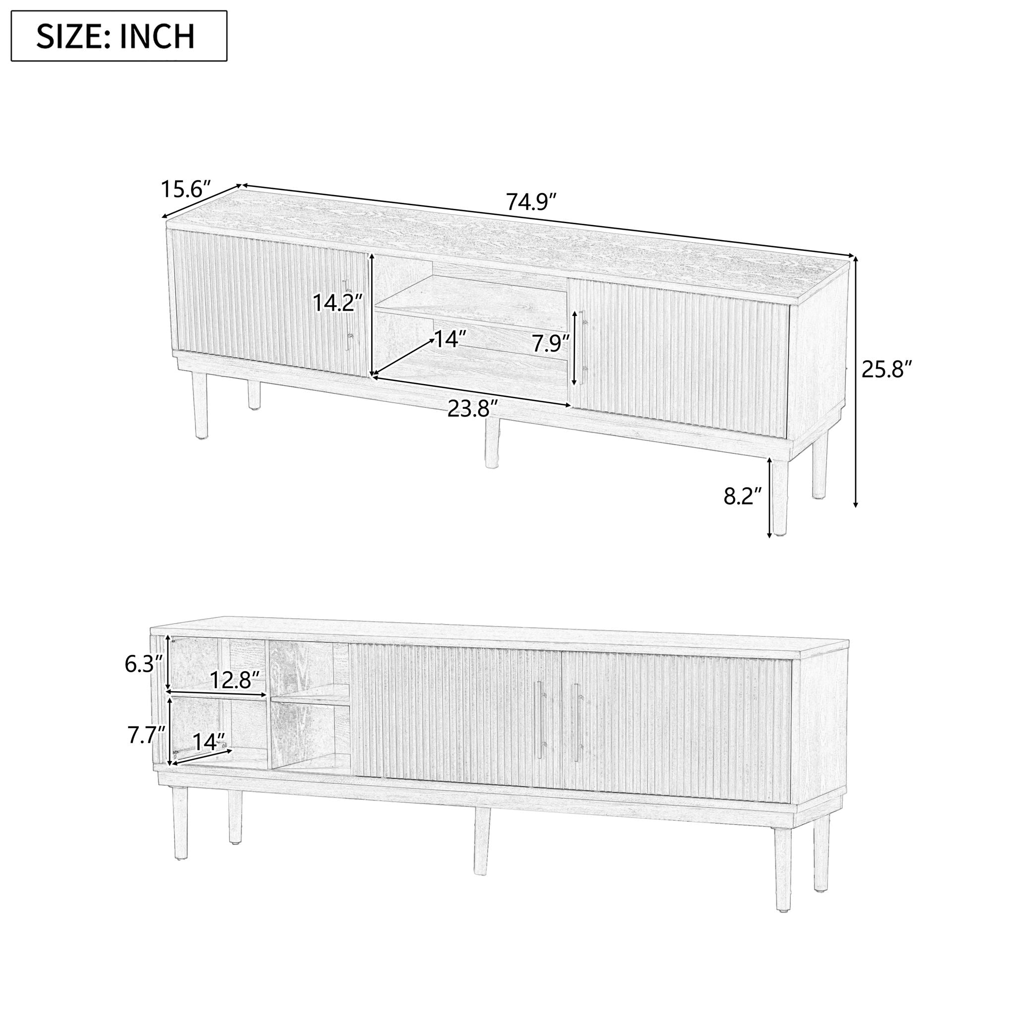 TV Stand With Vertical Slatted Doors And Sliding Panels, Solid Wood Legs - Brown