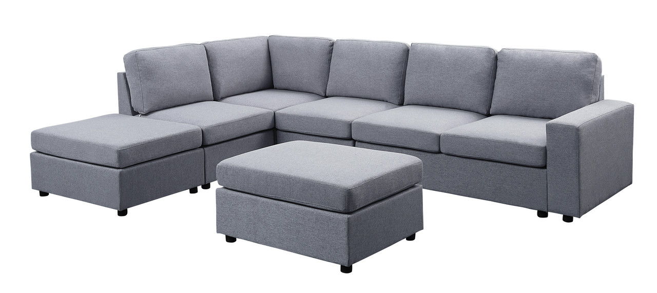 Cassia 120"W Light Gray Linen 7 Seat Reversible Modular Sectional Sofa with Ottoman