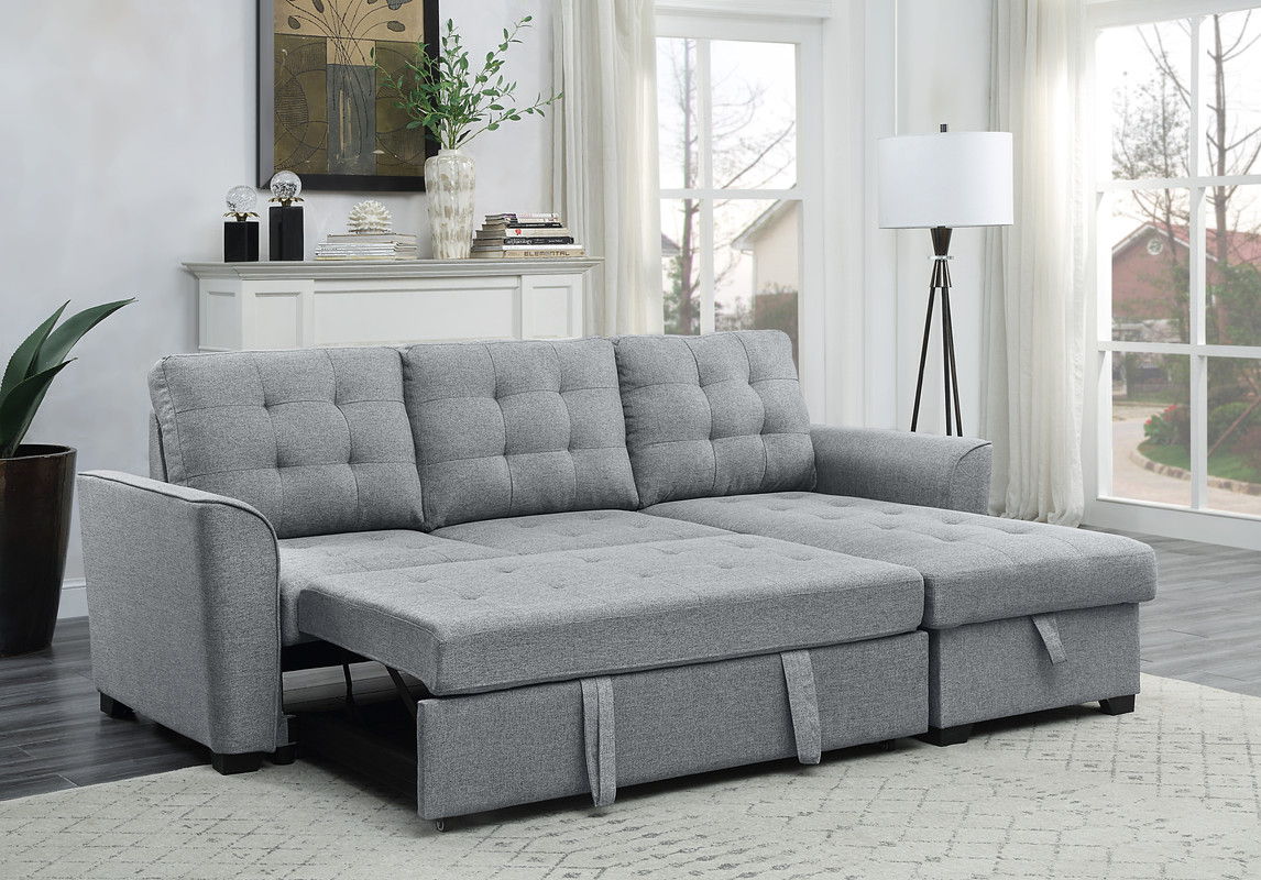 Avery 90.5"W Light Gray Linen Sleeper Sectional Sofa with Reversible Storage Chaise