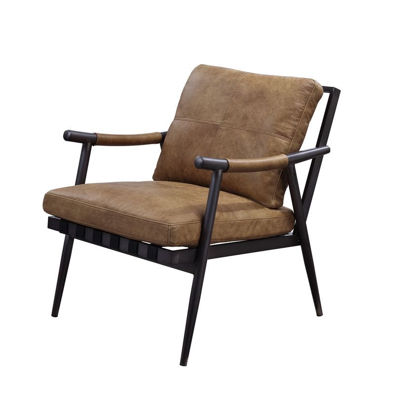 ACME Anzan - Accent Chair - Berham Chestnut Top Grain Leather & Matt Iron Finish | Meri Furniture