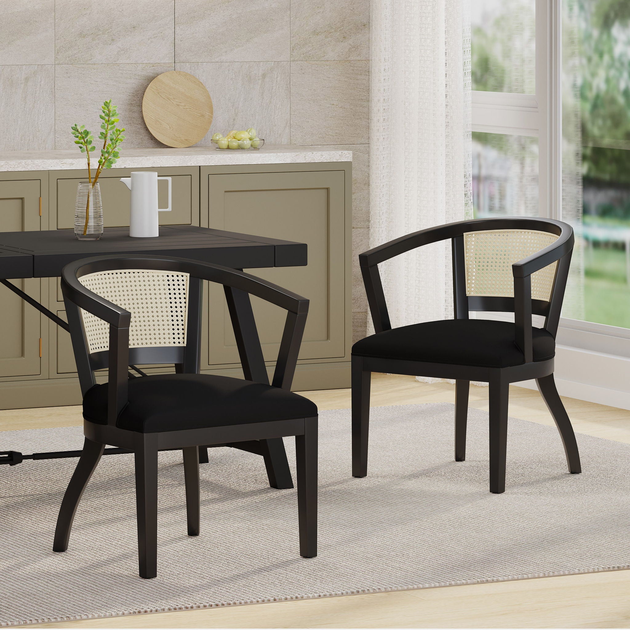 Elegant Dining Chair With Cane Web Backrests And Velvet Upholstery