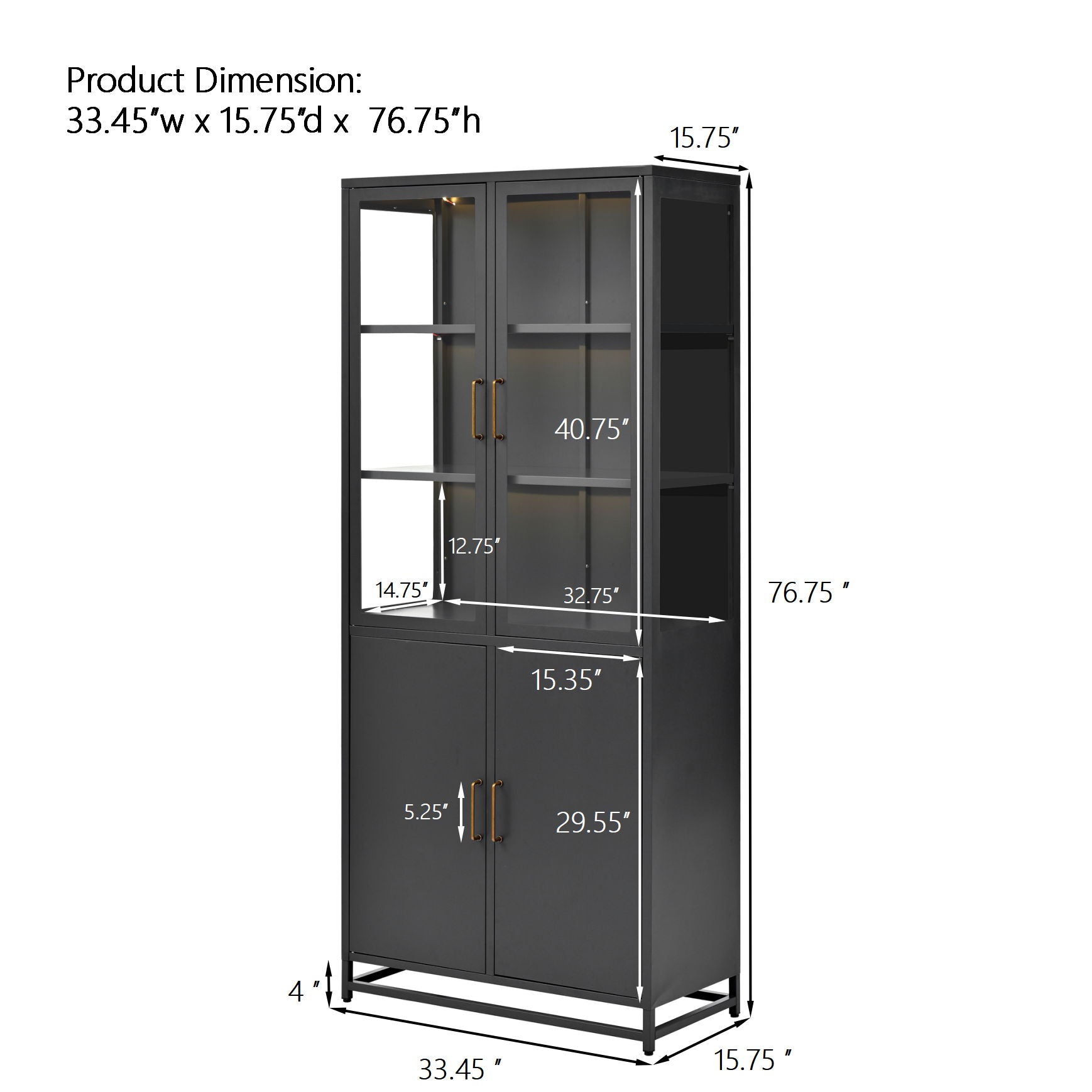 Modern Style Tall Steel Display Cabinet With Double Glass Doors, LED Lights