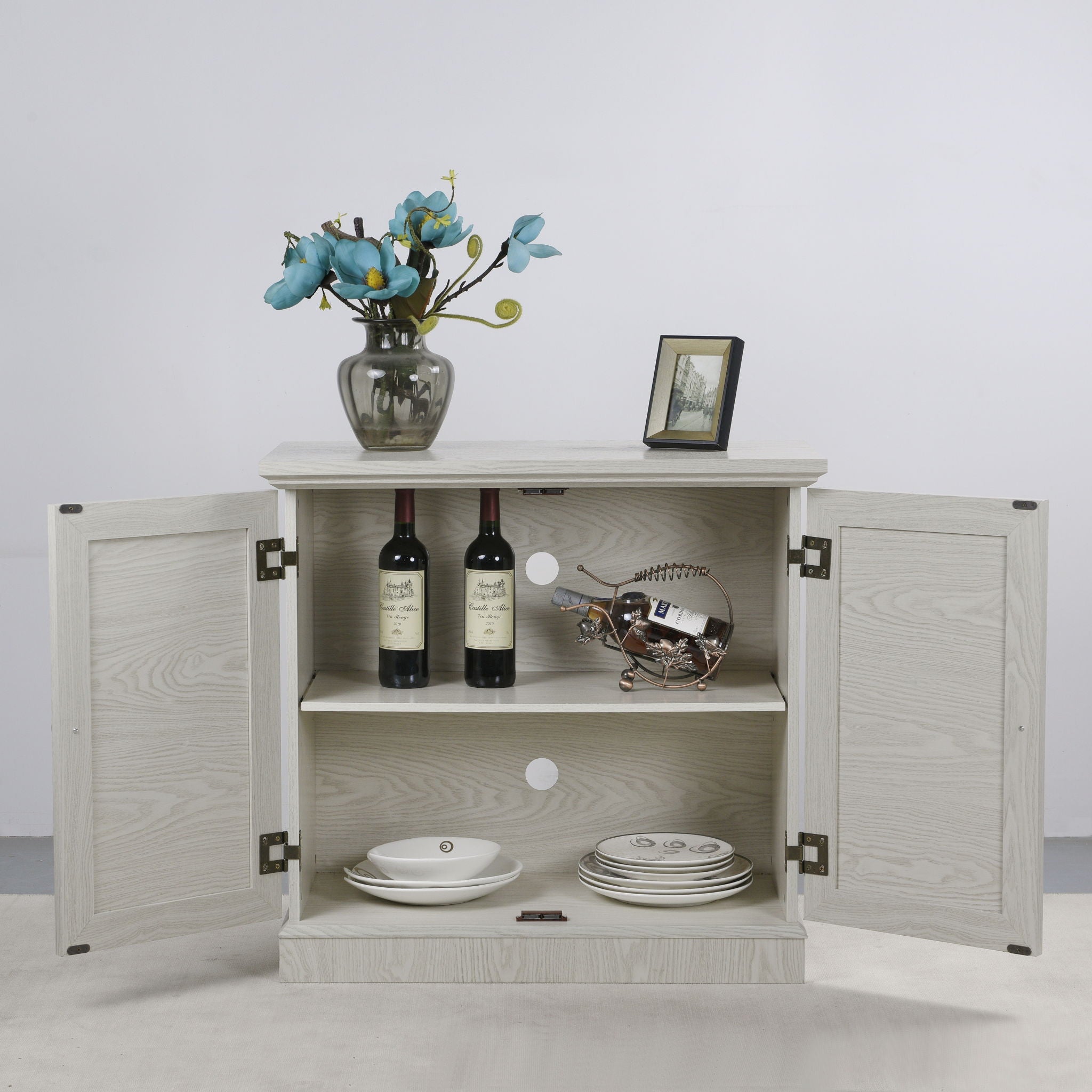Sideboard Cabinet With Mirrored Doors, Adjustable Shelf, Metal Handles