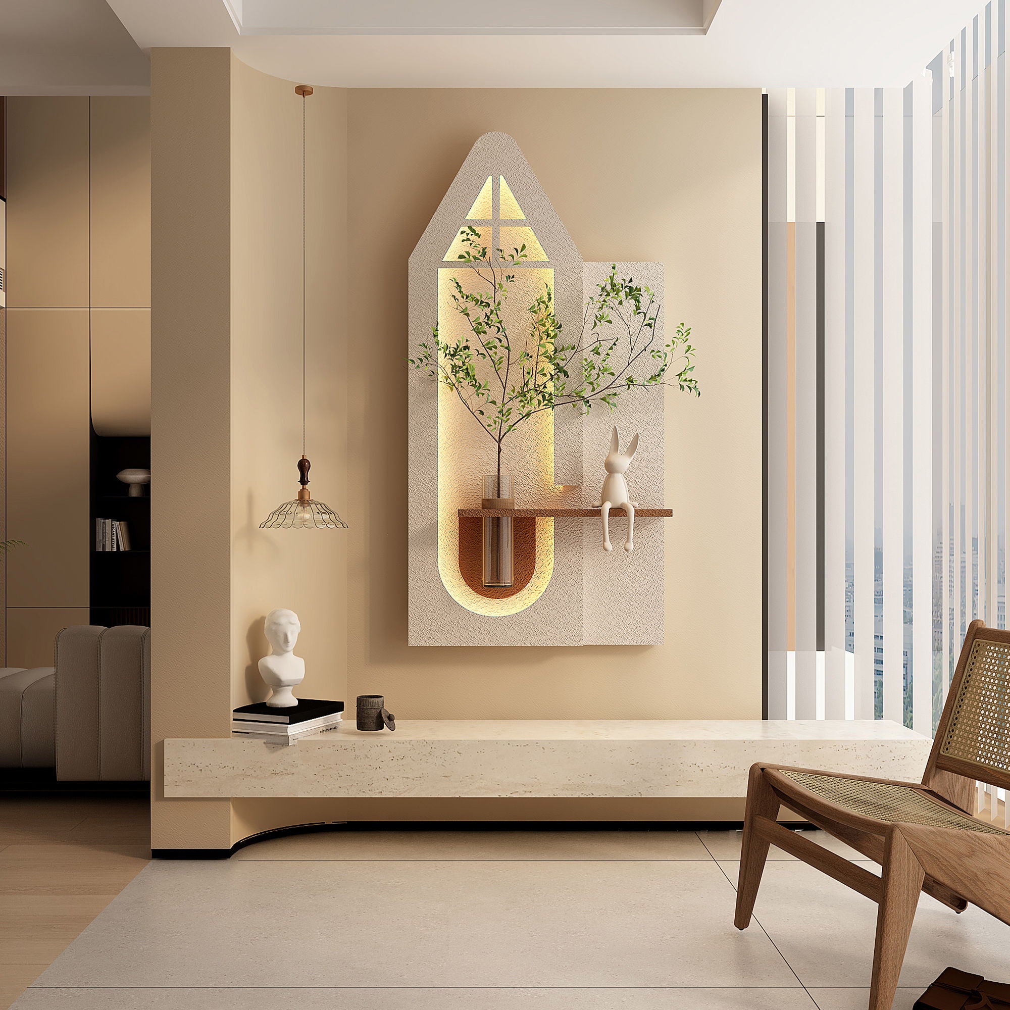 Adjustable 3 Color LED Sandstone Wall Decor With Simulated Plants, Glass Vase & Rabbit Statue - Light Coffee