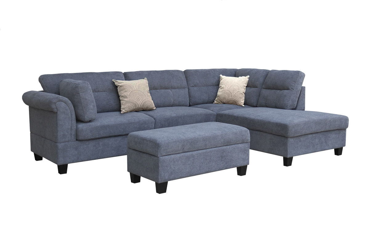 Diego 100"W Gray Fabric Sectional Sofa with Right Facing Chaise, Storage Ottoman, and 2 Accent Pillows