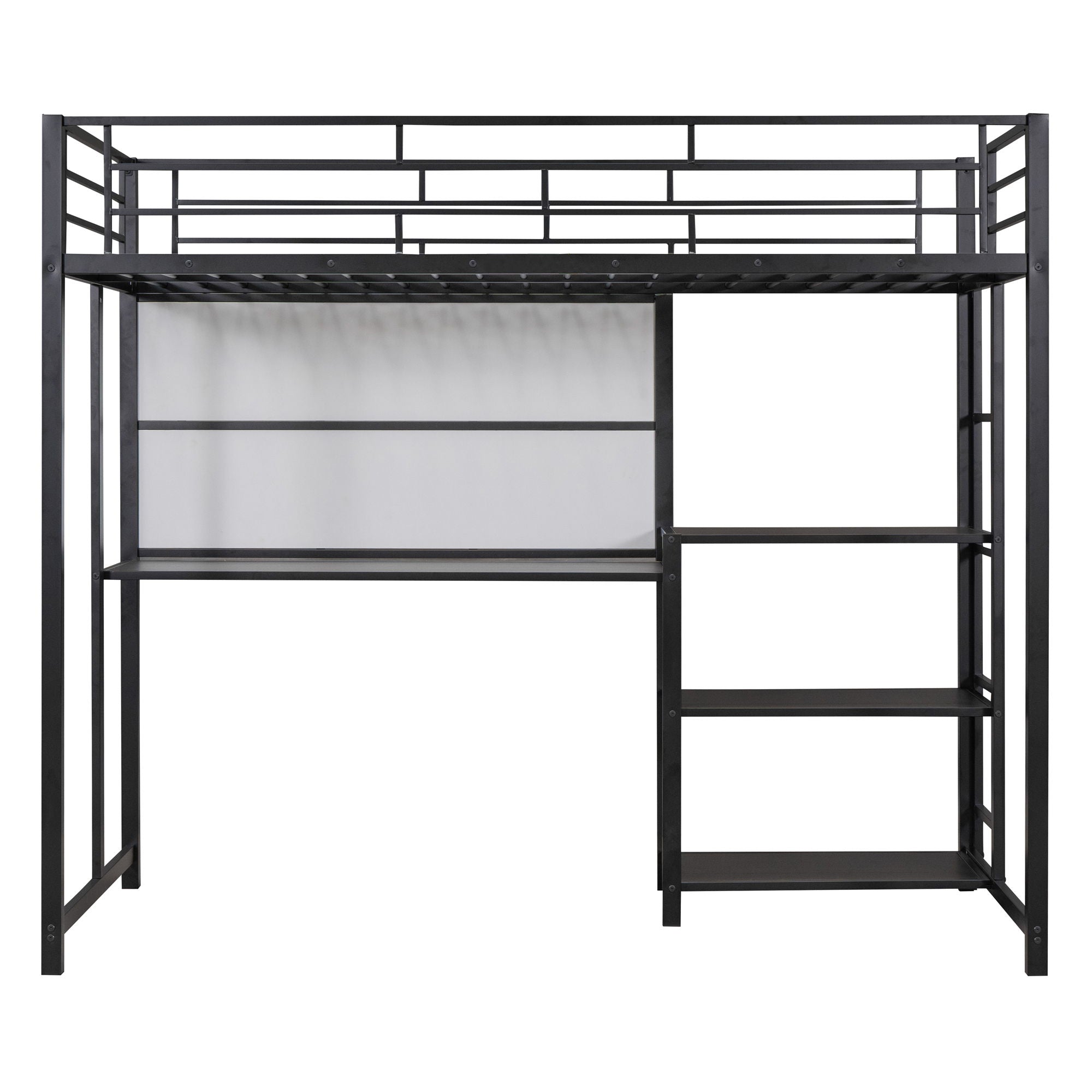 Metal Loft Bed With Desk, 3 Shelves And Ladder