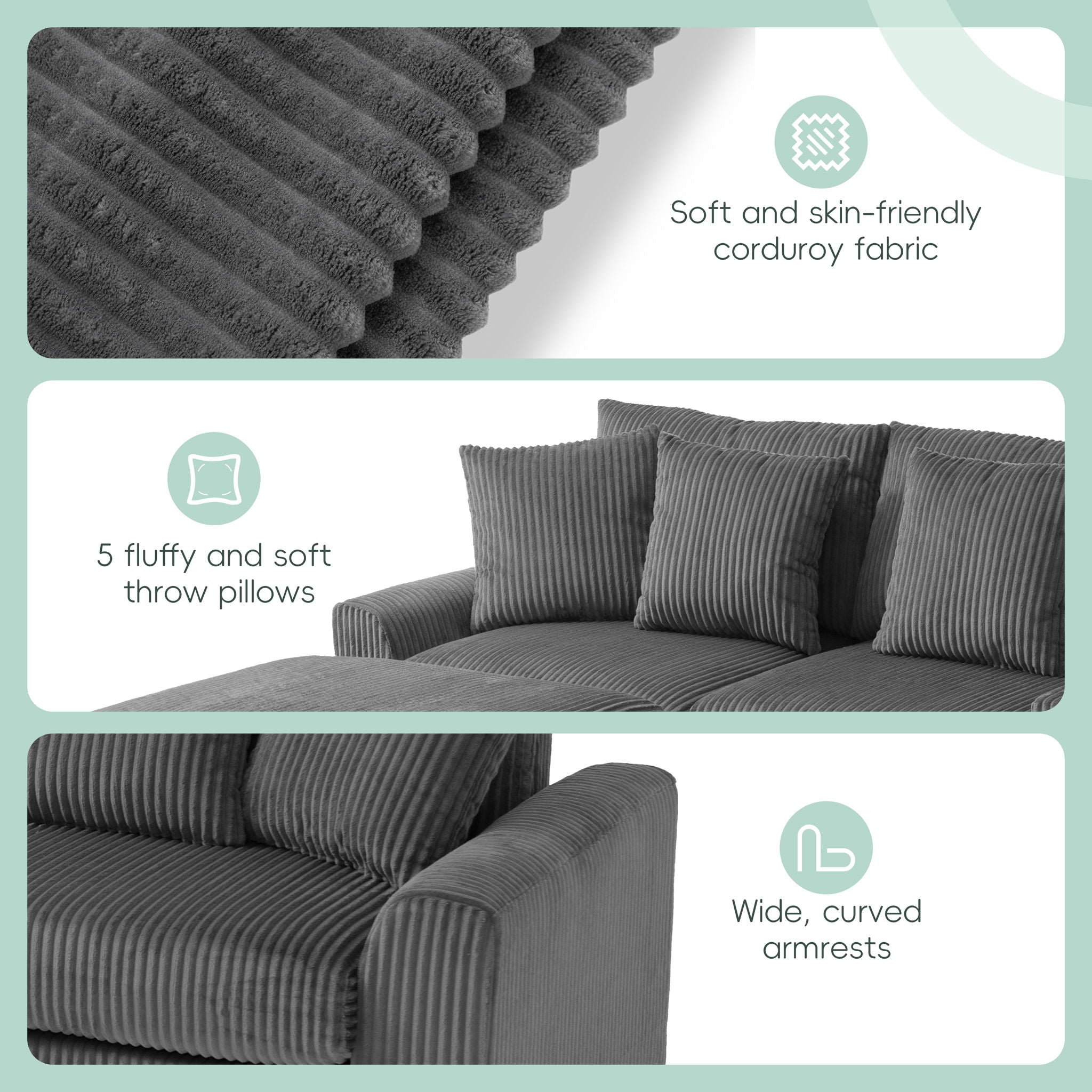 Sectional With Bluetooth Speakers L Shaped Couch With Console USB Charger, Cup Holders Storage Ottoman Deep And Wide Seat Cloud Sofa