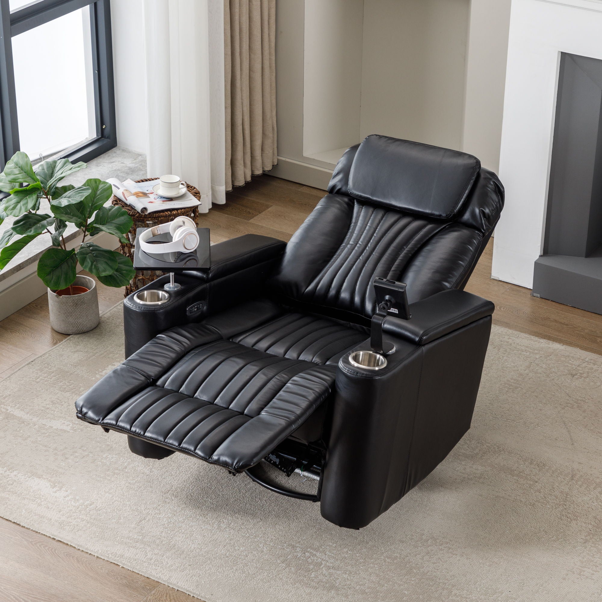 270° Power Swivel Recliner Home Theater Chair With Hidden Arm Storage, LED Light, Cup Holder, And Tray Table