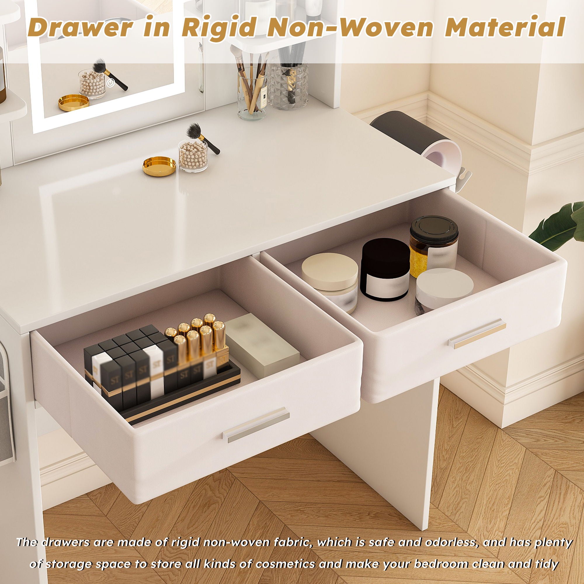 Elegant LED Mirror Vanity Dressing Table With Adjustable Lights, Drawers & Storage - White