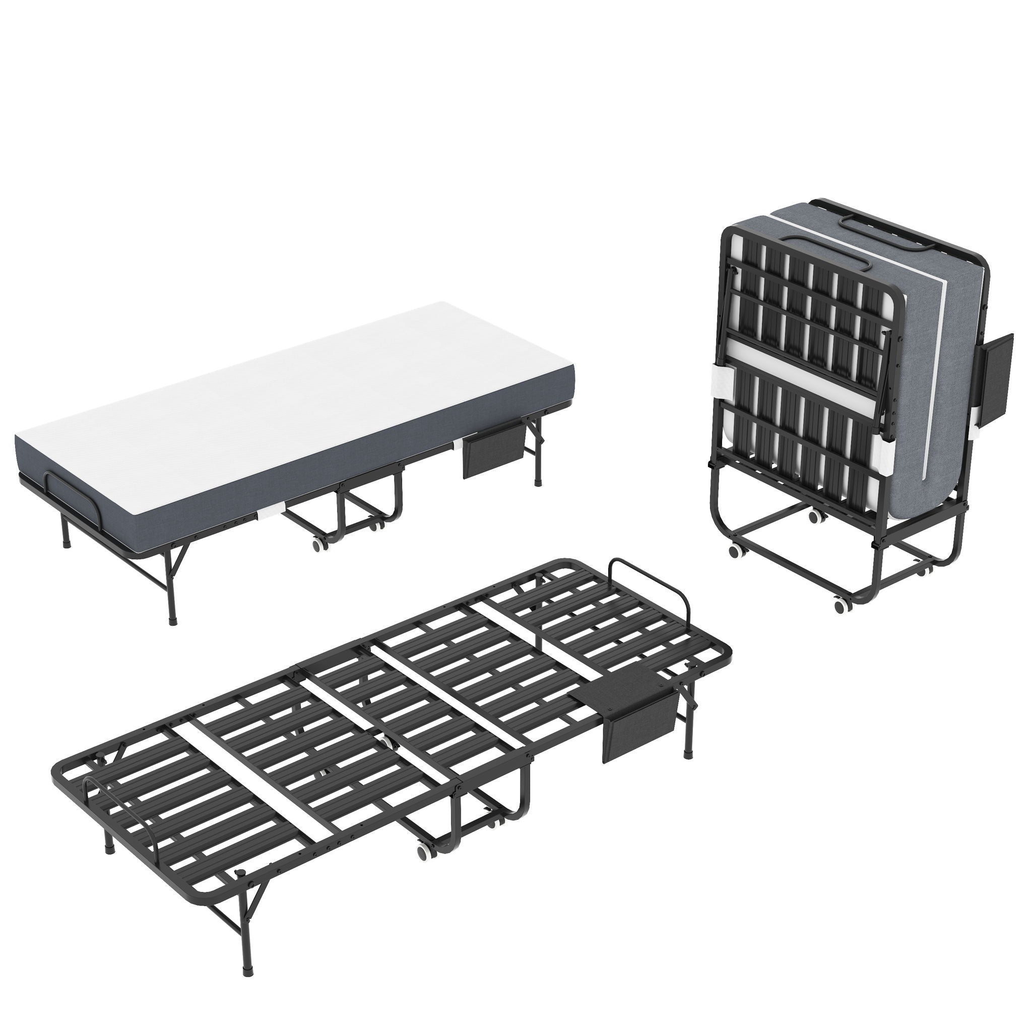 Twin Folding Bed With Memory Foam Mattress, On Wheels, Portable Bed For Adults & Guests - Black