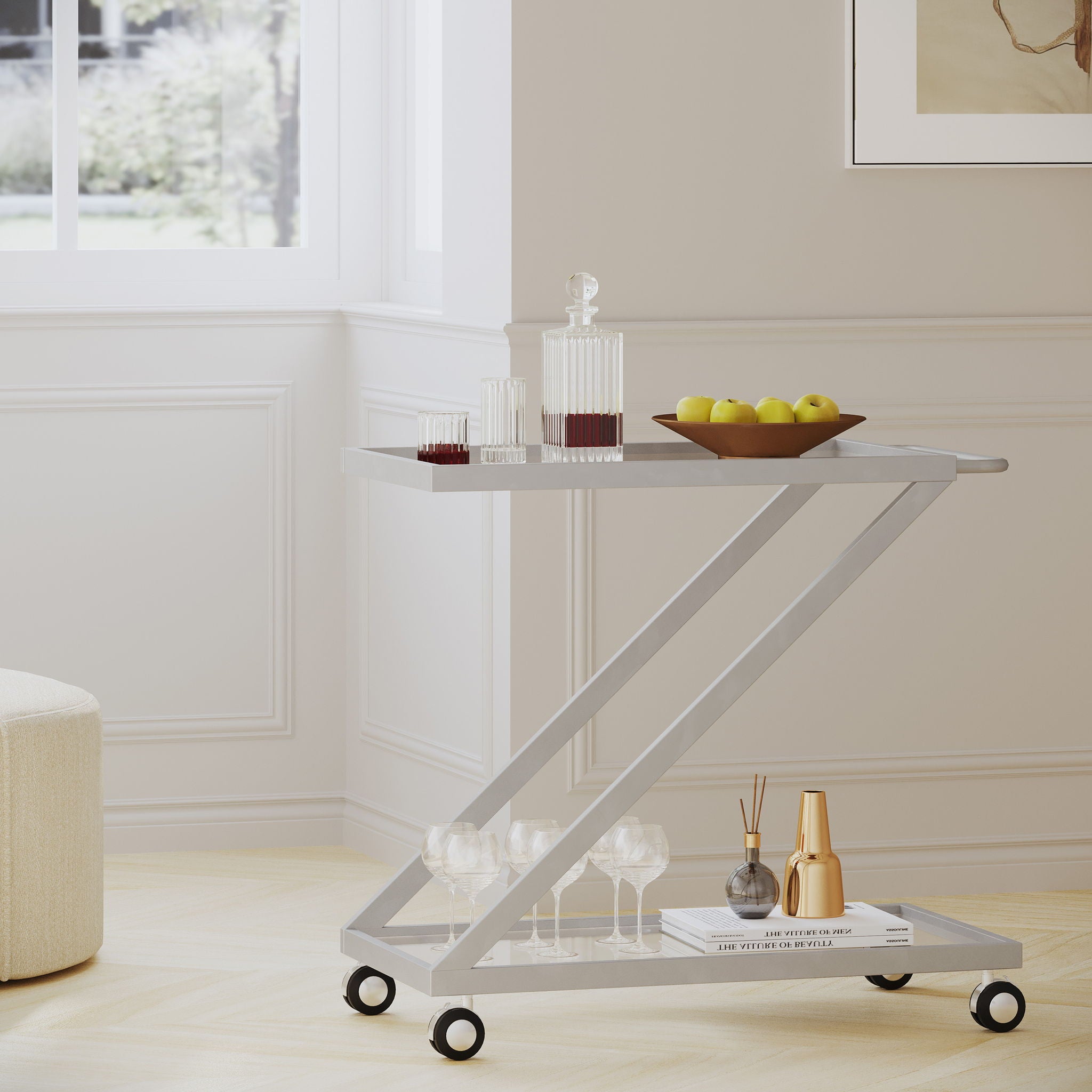 Modern Z Shaped Bar Cart With Tempered Glass Shelves - Silver