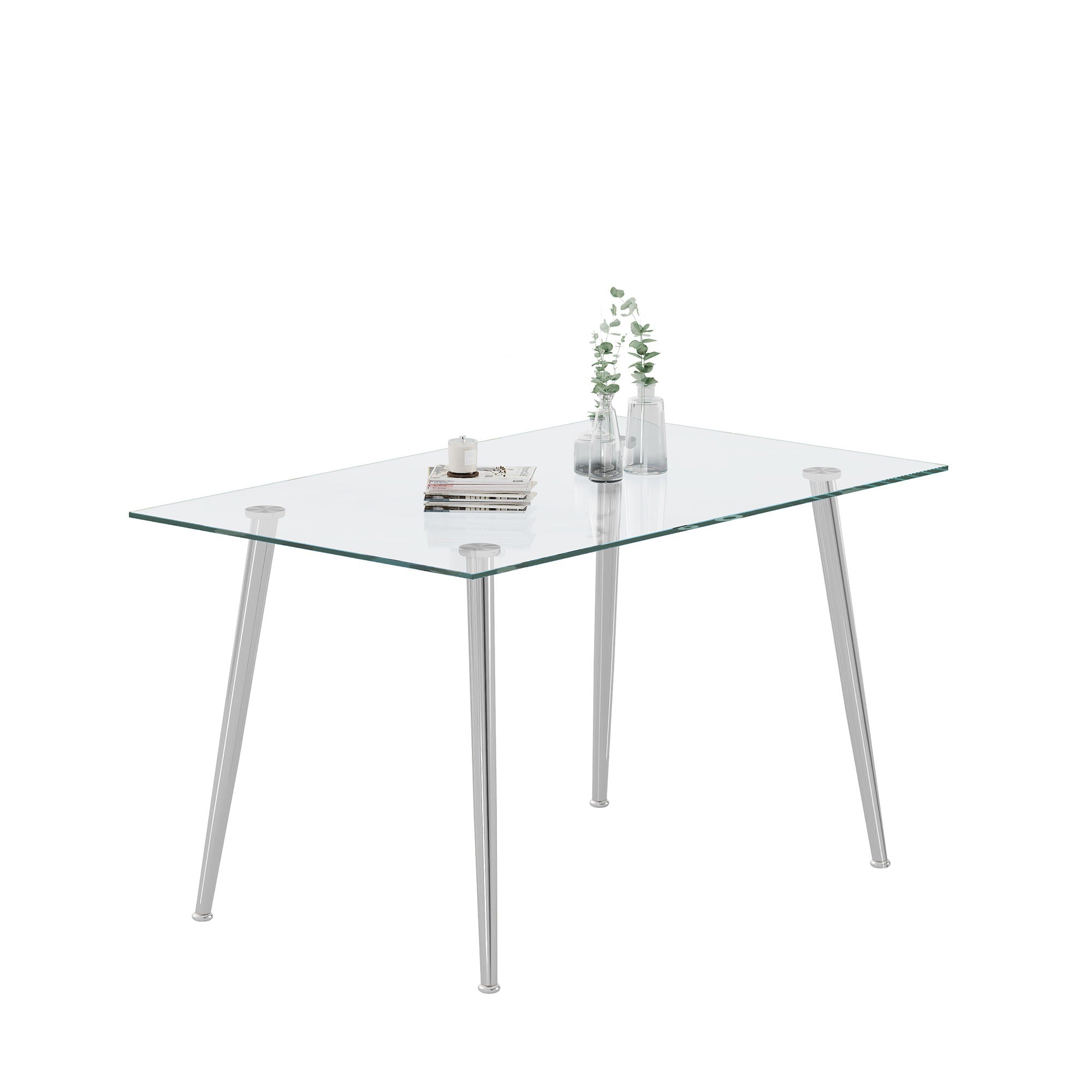 Thick Tempered Glass Top Dining Table & Stainless Steel Legs - Silver