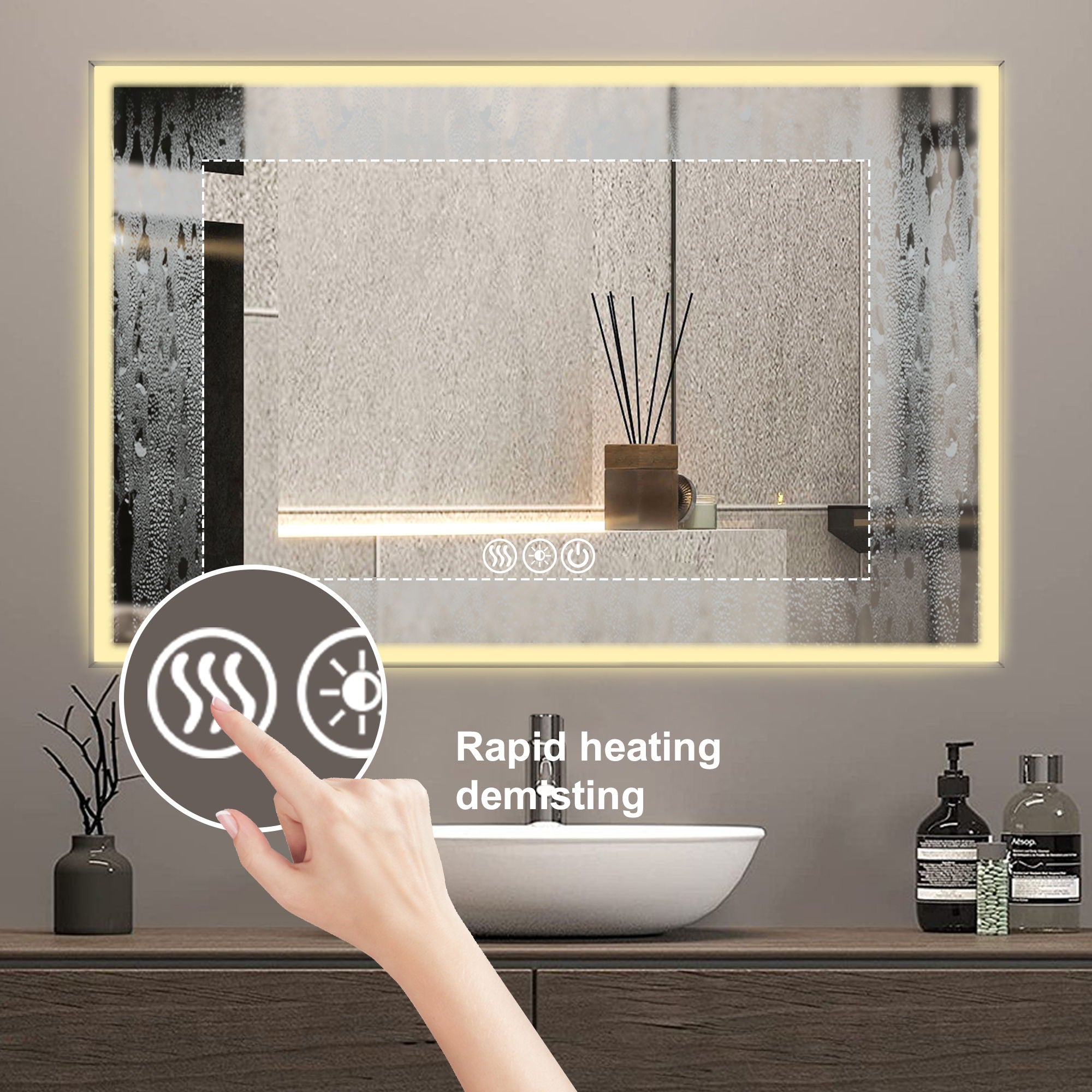 Modern LED Bathroom Vanity Mirror With Aluminum Frame, 45° Beveled Lights, Anti Fog - Silver