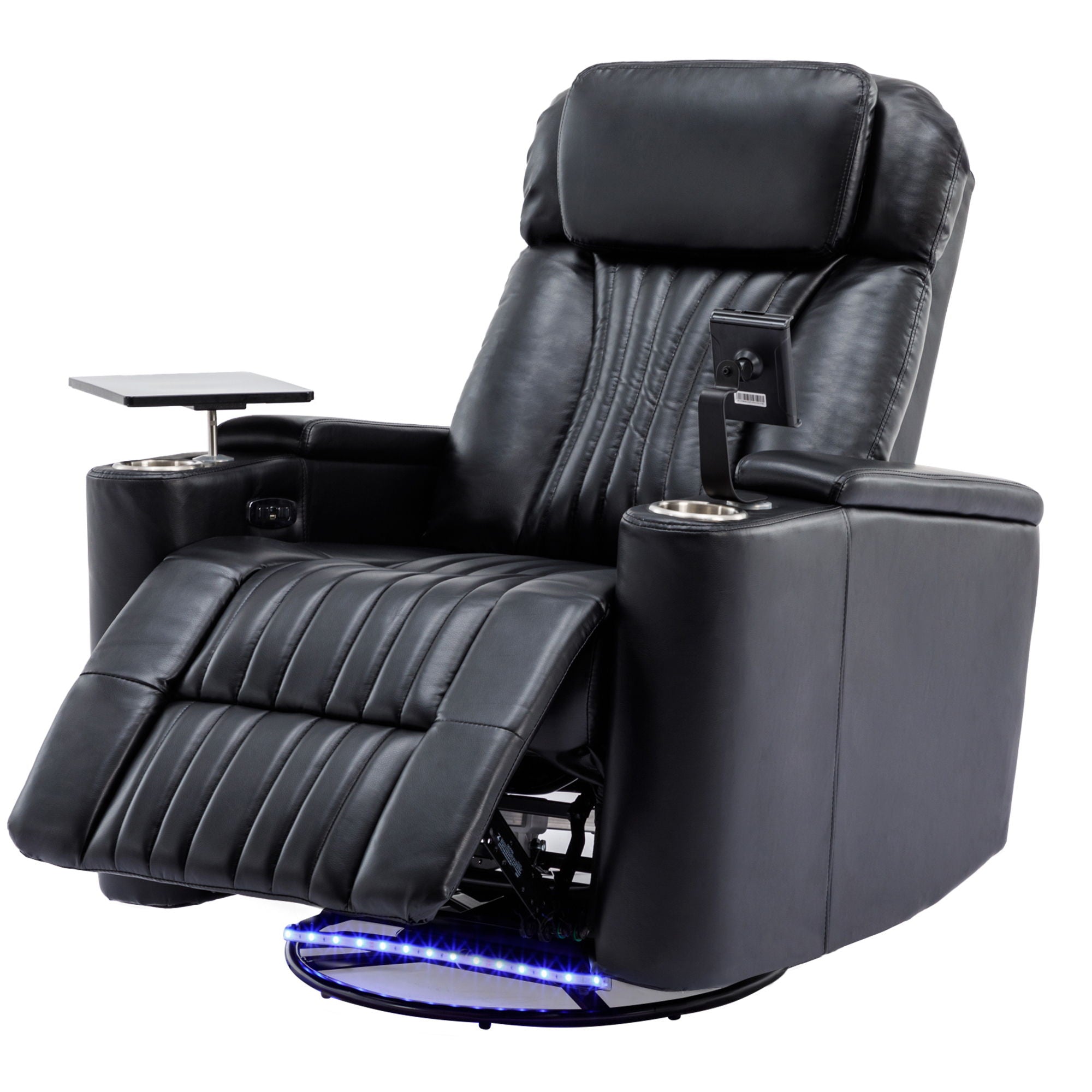 270° Power Swivel Recliner Home Theater Chair With Hidden Arm Storage, LED Light, Cup Holder, And Tray Table