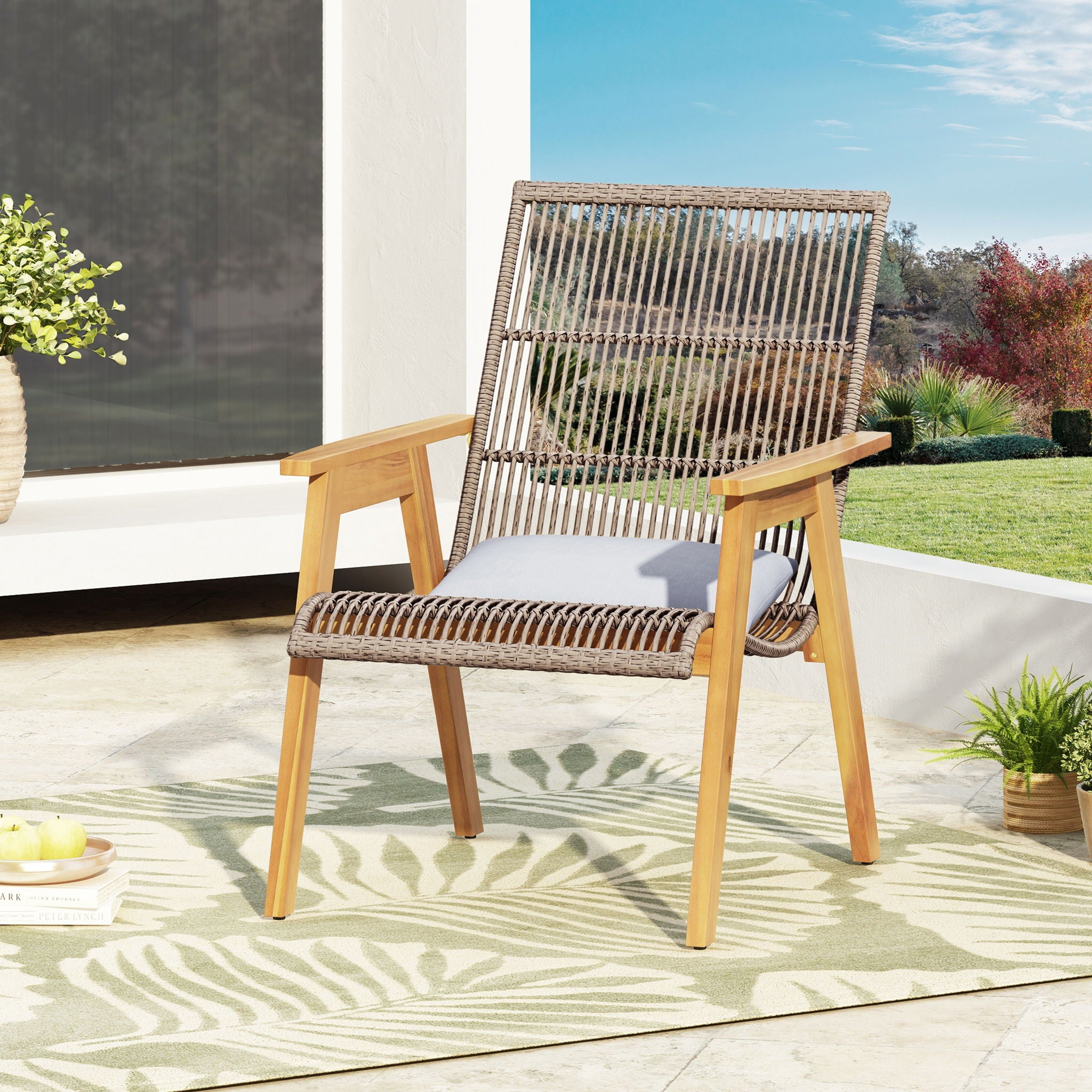 Acacia Wood Cape Woven Wicker Large Lounge Chair With Pillow For Patio, Deck, Yard, Lawn And Garden Seating Wicker (Set of 2) - Teak