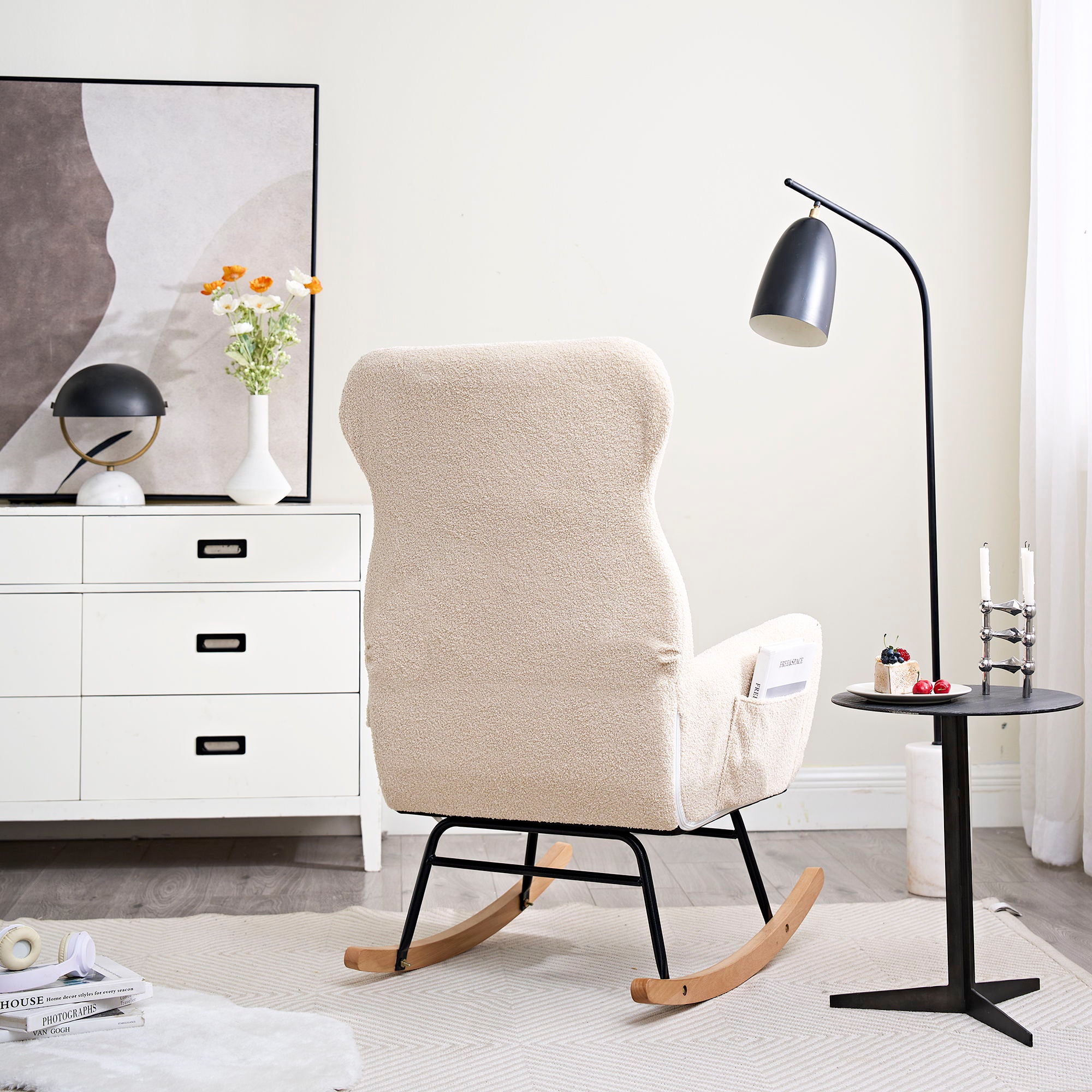 Modern Teddy Fabric Rocking Chair With High Backrest And Armrests Lounge Accent Chair For Living Room - Beige