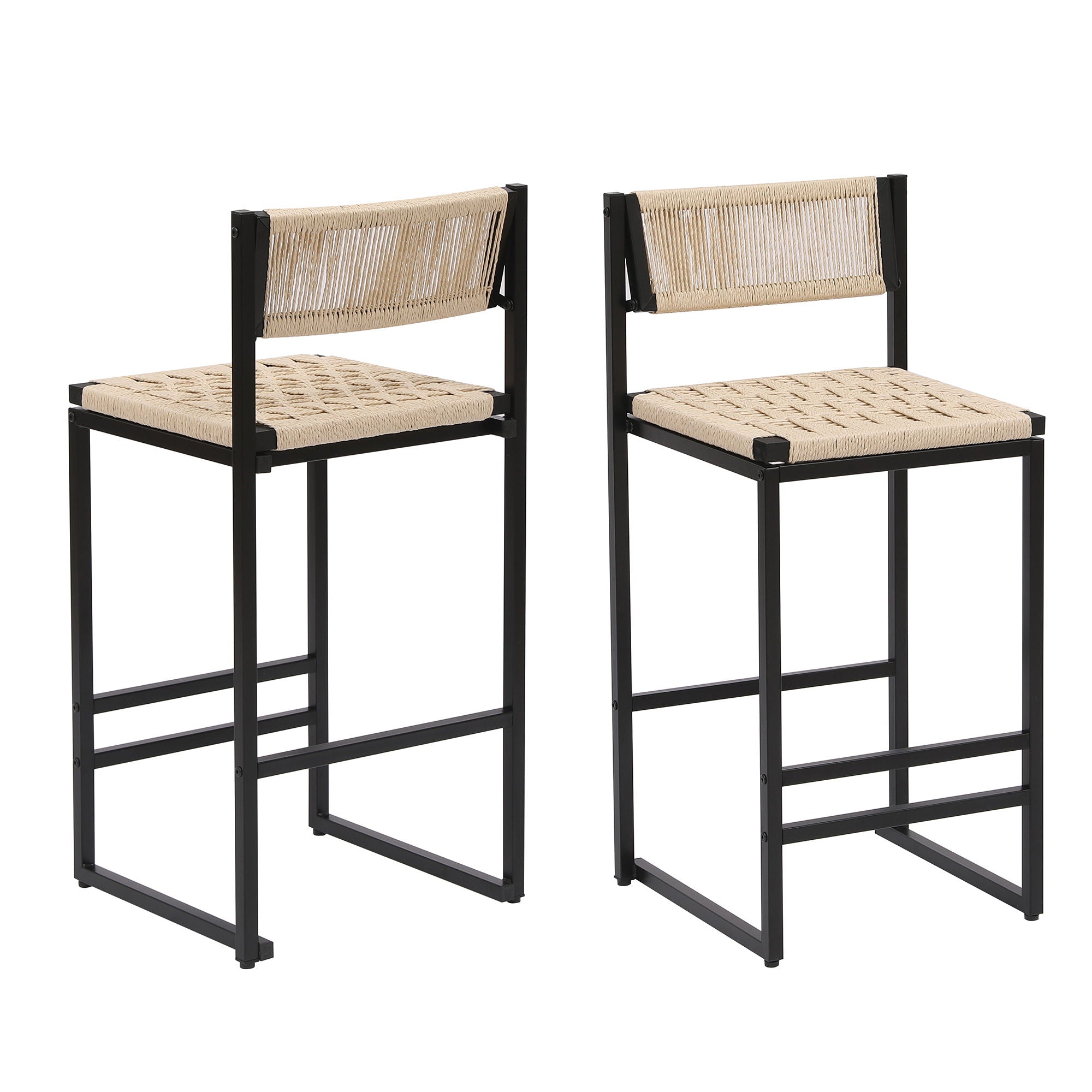 Style B, Woven Bar Stools With Backrest, Paper Rope Weave Dining Chairs For Kitchen Island - Creamy White