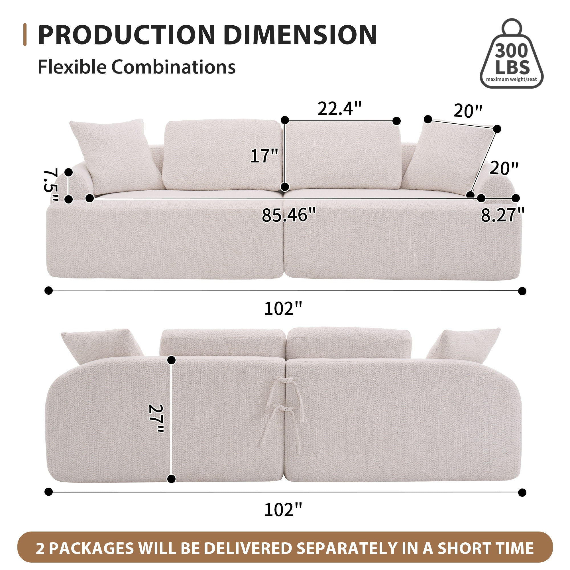 Compression Sofa: 4 Seater Combined Sofa, Crochet Yarn Fabric, Full Sponge Compression Sofa, Combined Sofa With 4 Pillows For Home Living / Home Furniture / Apartment - Beige