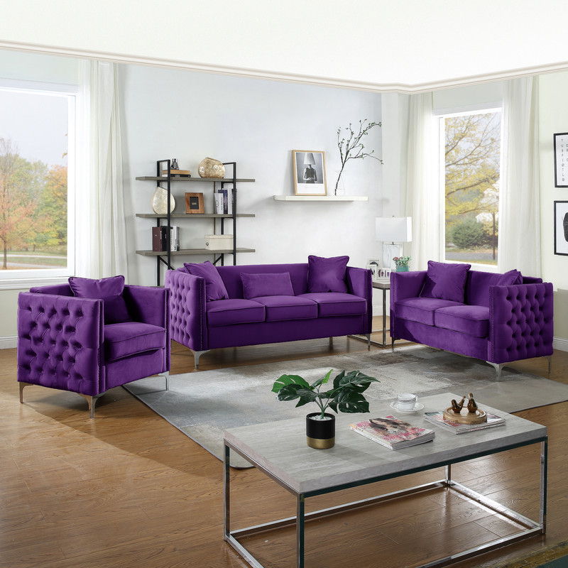 Bayberry Purple Velvet Sofa Loveseat Chair Living Room Set