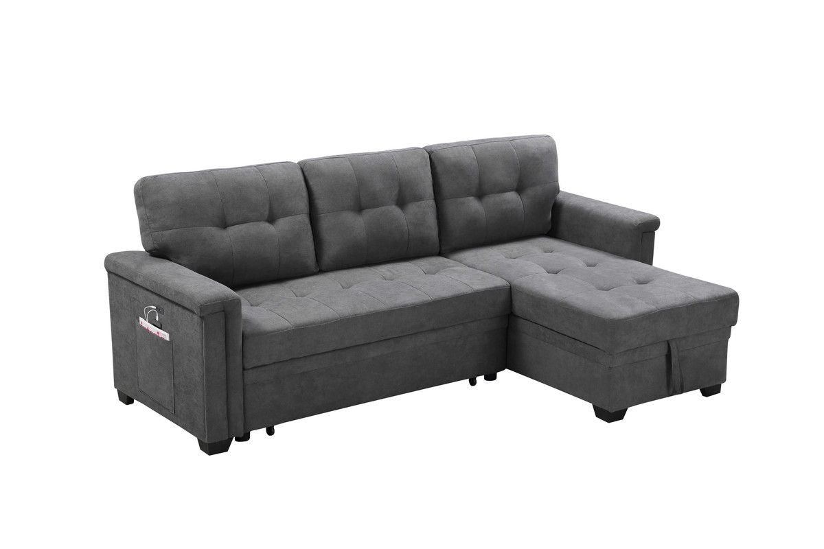Ashlyn 84"W Gray Woven Fabric Sleeper Sectional Sofa Chaise with USB Charger and Tablet Pocket