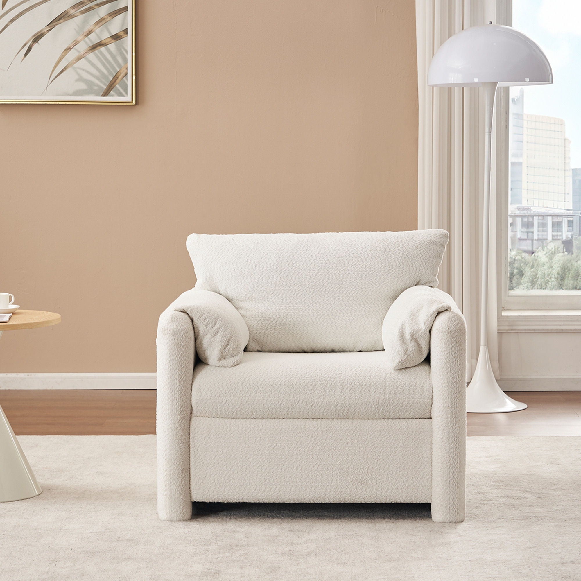 Fixed Modern Accent Chair Single Seater Plush Chenille Lounge Chair With High Resilience Cushion - Ivory White