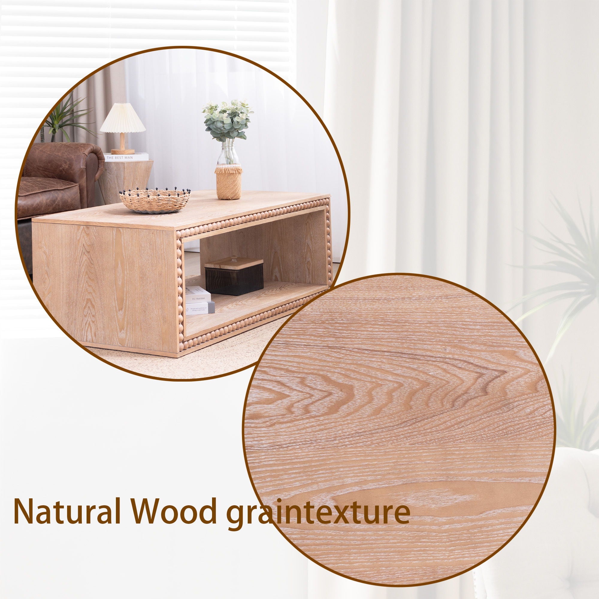 Beaded Edge Coffee Table, Rectangular Center Table With Open Storage Shelf - Antique Natural / Light Natural / Natural