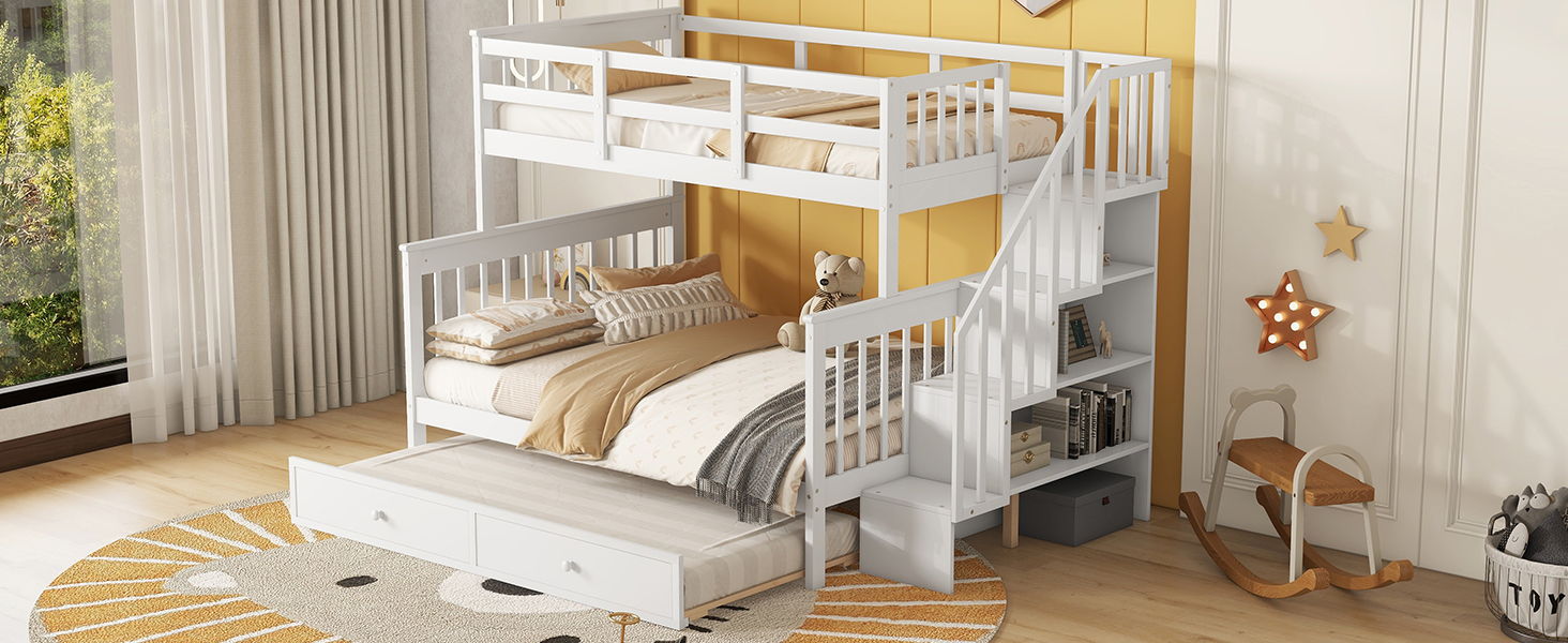 Bunk Bed With Twin Size Trundle, Storage And Guard Rail For Bedroom