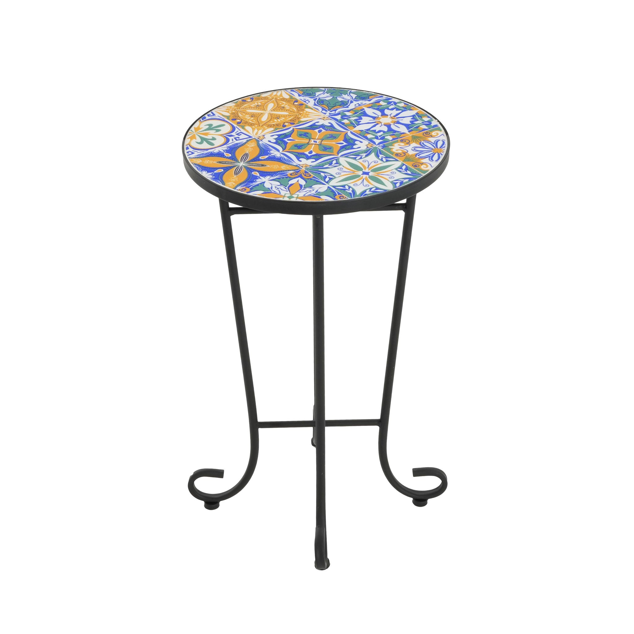 French Country Patio Side Table With Vibrant Tile Top