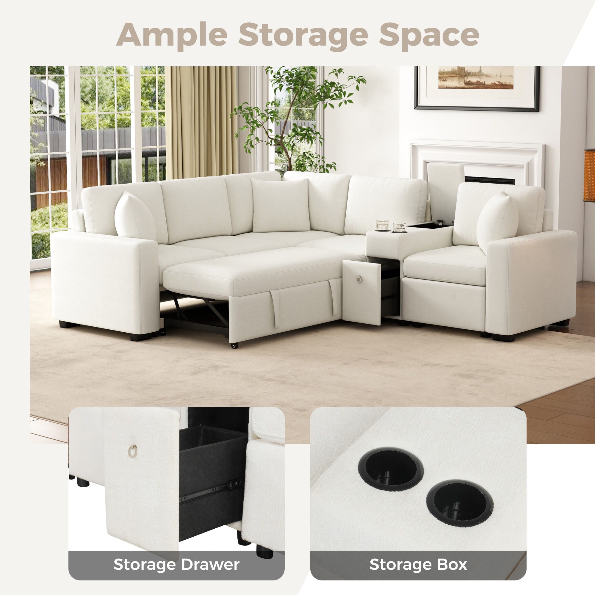 Contemporary L Shaped Convertible Sofa Bed With Pull Out Bed, Cup Holders, And Storage